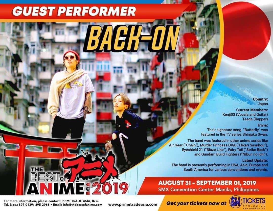 BACK-ONさんのインスタグラム写真 - (BACK-ONInstagram)「【LIVE】フィリピン・マニラで8/31-9/1で開催される「The Best of Anime 2019」への出演が決定！BACK-ONは両日出演致します。 #backon #kenji03 #teeda #philippines  #bestofanime2019」7月10日 21時35分 - back_on_jpn