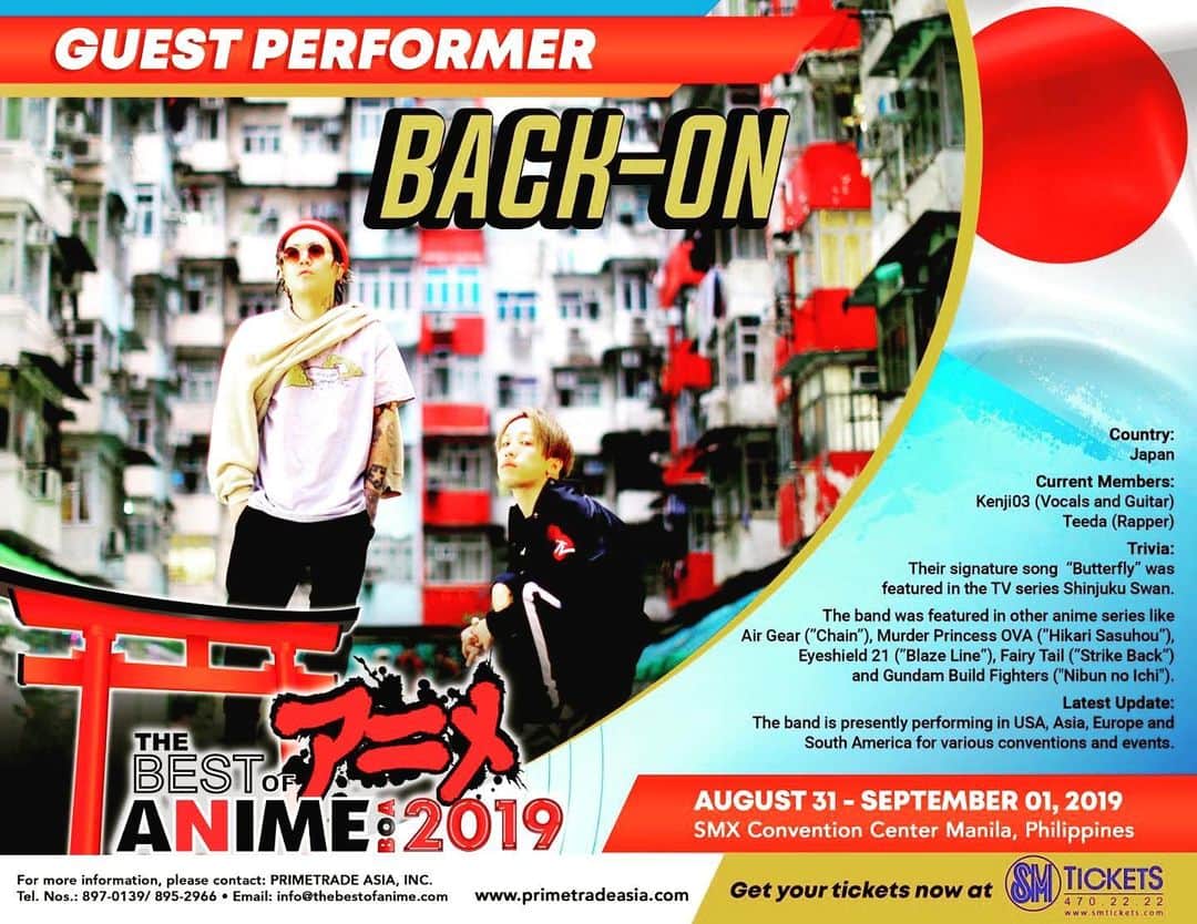 TEEDAさんのインスタグラム写真 - (TEEDAInstagram)「We’re gonna play the show “Best of anime 2019” at Philippines SMX Convention center Manila on August 30 to September 1. We hope to see ya guys!! フィリピンで久々にLIVEー！！ガッツリ盛り上げて来ますー！！ #backon #teeda #kenji03 #rock #hiphop #jhiphop #rockband #jrockband #rap #jrap #bringthenoise #tokyo #adachi #tattoo #punk #mixture  #lyricist #trackmaker #composer #songwriter #tstar #avex #avexmanagement #anime #anison #animethemesong #tokyojapan #philippines #bestofanime」7月10日 21時45分 - teeda_bo