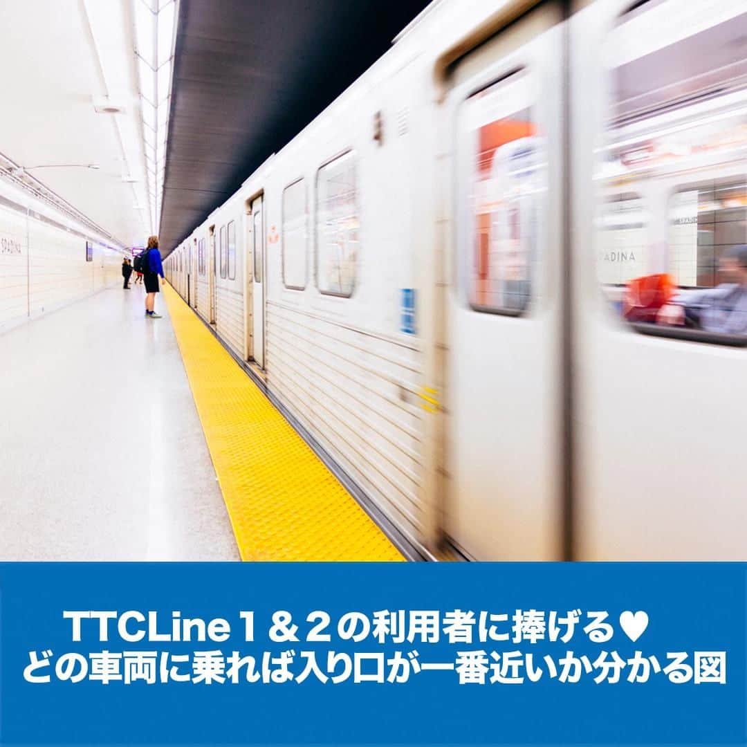 LifeTorontoさんのインスタグラム写真 - (LifeTorontoInstagram)「夏になって、重い荷物を持った観光客の姿をトロントの街のあちこちで見かけるようになりました。⁠ ちなみに、重い荷物をもって電車を乗り換えたりって大変ですよね。以前、TTC地下鉄でどの車両に乗れば入り口が近いか分かりやすい案内図を記事で紹介しました。⁠ もし日本からお友達や家族がやって来てお迎えに行く際などに参考にしてみてくださいね！@lifetoronto.jp のプロフィールに記載👆🏼URLのリンク先からチェックすると記事へ飛びます。﻿⁠ ⁠ ﻿⁣.⁣⁣⠀﻿⁠ .⁣⠀⁣⠀﻿⁠ .⁣⠀⁣⠀﻿⁠ #地下鉄 #乗り換え #海外 #カナダ #トロント #トロントライフ #トロント生活 #トロント在住 #カナダ生活 #カナダ在住 #カナダライフ #海外生活 #海外暮らし #海外移住 #英語 #留学 #海外留学 #トロント留学 #カナダ留学 #ワーホリ#ワーキングホリデー #カナダワーホリ #トロントワーホリ #ワーホリトロント #ワーホリ生活 #海外就職 #駐在生活 #駐在 #カナダ好きな人と繋がりたい ⁣⁠」7月10日 22時43分 - lifetoronto.jp