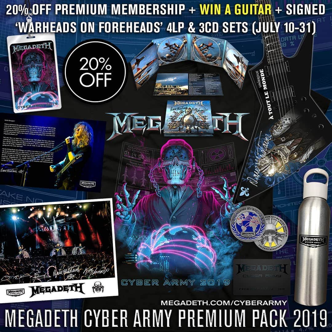 Megadethさんのインスタグラム写真 - (MegadethInstagram)「Sign up for a Megadeth Cyber Army PREMIUM MEMBERSHIP July 10-31 and get 20% OFF the regular price + be entered to WIN a signed Megadeth ‘A Tout le Monde’ Guitar + a signed WARHEADS ON FOREHEADS 4LP vinyl set + 1 of 4 signed WARHEADS ON FOREHEADS 3CD sets! megadeth.com/cyberarmy (LINK IN BIO) . #megadeth #cyberarmy #membership #warheadsonforeheads #metal」7月11日 0時08分 - megadeth