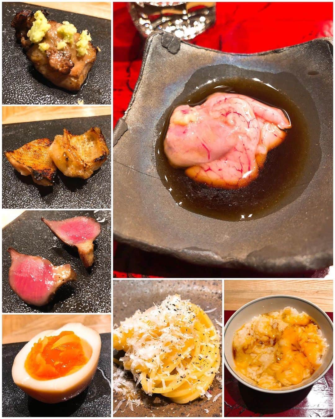 秋山具義さんのインスタグラム写真 - (秋山具義Instagram)「【2019年焼鳥23軒目『焼鶏 ひらこ』Jul.10】﻿﻿﻿﻿﻿﻿﻿﻿﻿﻿ ﻿﻿ ﻿ この前来て、感動したので、日比谷線の会で、再訪！﻿ 串に刺さない焼鶏を日本酒、焼酎ハイボール、ワインと、鶏肉の部位、焼き方で、絶妙なペアリング！！！﻿ ﻿ 肉の旨味、脂のサラッとした甘い美味しさを堪能できます！﻿ ﻿ 卵管、ビックリするほど美味しい！！！﻿ ﻿ 白身が美味しい卵のTKGは、あまりかき混ぜないほうがいいそうで、食べて納得の美味しさです！！！﻿ ﻿ 皮﻿ 腿のアキレス﻿ 茄子とズッキーニのサラダ﻿ 卵管﻿ 腿の炭火焼き﻿ 味付け玉子﻿ トリュフオムレツ﻿ 地鶏のユッケ﻿ 大トロ﻿ 特上トロご飯﻿ タレ焼き腿肉﻿ キャベツと舞茸の炒め物﻿ 椎茸﻿ ささみと胸肉﻿ 米麹に漬け込んだ胸肉﻿ キュウリの漬物﻿ カルボナーラ﻿ 手羽﻿ 砂肝﻿ ぽんじりベーコン﻿ 中落ち﻿ もずく酢﻿ せせり﻿ スープ﻿ 胸肉と皮の寿司﻿ 卵かけご飯﻿ プリン﻿ ﻿ #炭火焼処ひらこ #六本木焼鳥 #西麻布焼鳥 #具義焼鳥2019 #めざせ焼鳥50回2019年」7月11日 1時58分 - gugitter