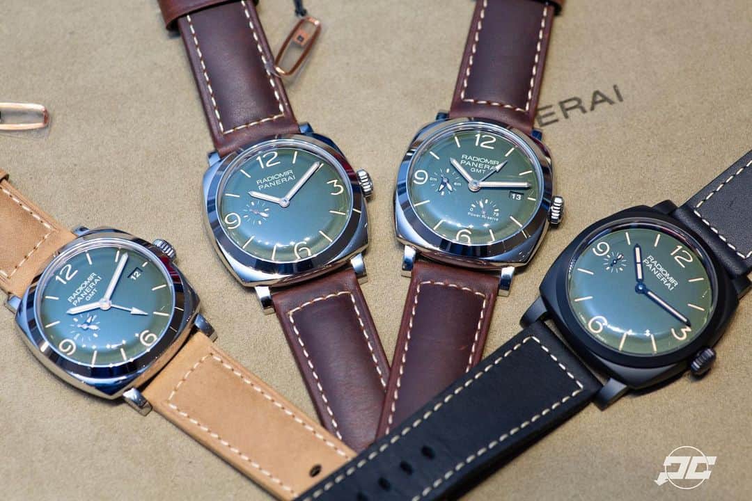 パネライのインスタグラム：「A quartet of new #Panerai #Radiomir 1940’s have been released known as the “Edizione Verde Militare” or Military Green Edition with a beautiful green dial and domed crystals. Here are the 4 pieces. From Left to Right #PAM998 45mm GMT, #PAM995 45mm, #PAM999 GMT with Power Reserve, and finally #PAM997 48mm matte black Ceramic. More info to come soon! So be on the lookout. For now, which is your favorite of the group? #paneraicentral」