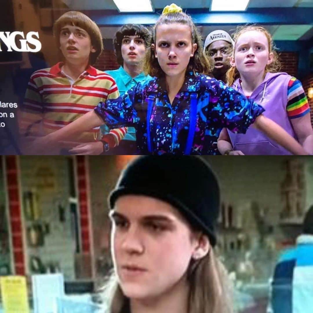 ケヴィン・スミスのインスタグラム：「Holy shit! In this @strangerthingstv screen grab, @milliebobbybrown looks exactly like a #mallrats era @jaymewes! And in Season 3, there’s an episode called “The Mall Rats.” This is turning my world upside down! #KevinSmith #JasonMewes #strangerthings #strangerthings3」