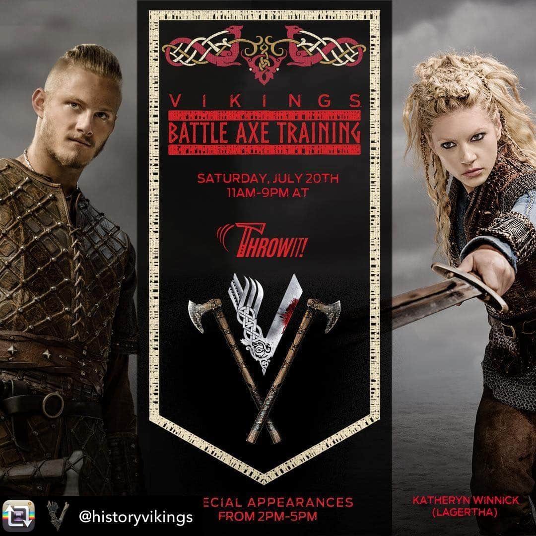 キャサリン・ウィニックのインスタグラム：「Comic Con here we go! Prepare for battle and test your axe throwing skills on Saturday, July 20th, 11am-9pm at Throw It San Diego! @alexanderludwig and I can’t wait to drop in on the fun. #Vikings #SDCC」