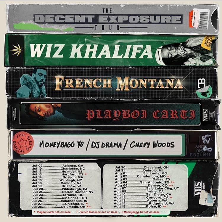 DJドラマのインスタグラム：「The Decent Exposure Tour Coming to a City Near You 💿🎥🚌💨 . . . #DJDrama #WizKhalifa #MoneybaggYo #PlayboiCarti #ChevyWoods #Tour #TourDates #Concert #ConcertDates #Music #DopeMusic #MusicHistory #HipHopNews #RapNews #RapGods #RollingPapers #LivePerformance #TicketsAvailable #AtlantaEvents #TorontoEvents #ClevelandEvents # #Stoners」