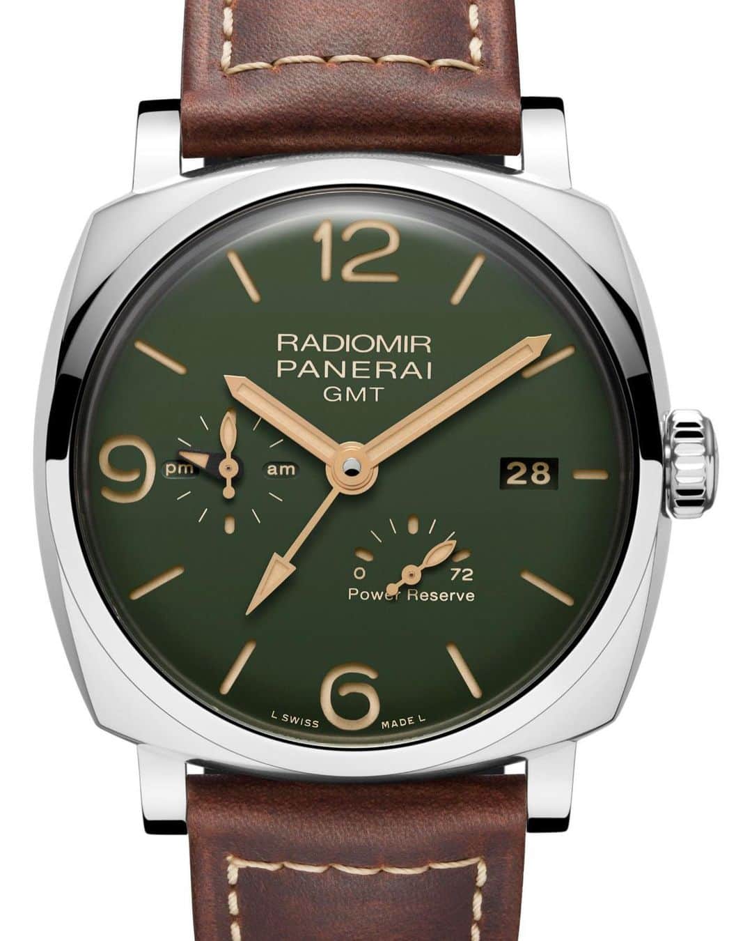 パネライのインスタグラム：「The third one in the collection I’m sharing is the #Panerai #PAM999 GMT with power reserve on the dial. This 45mm Stainless Steel cased beauty features gold hands, faux vintage lume and domed crystal. It is powered by the P.4002 in-house Calibre with 3 day power reserve with micro-rotor automatic movement. The price of this piece is $12,200 USD #PaneraiCentral Read more about all 4 pieces online at www.PaneraiCentral.com」