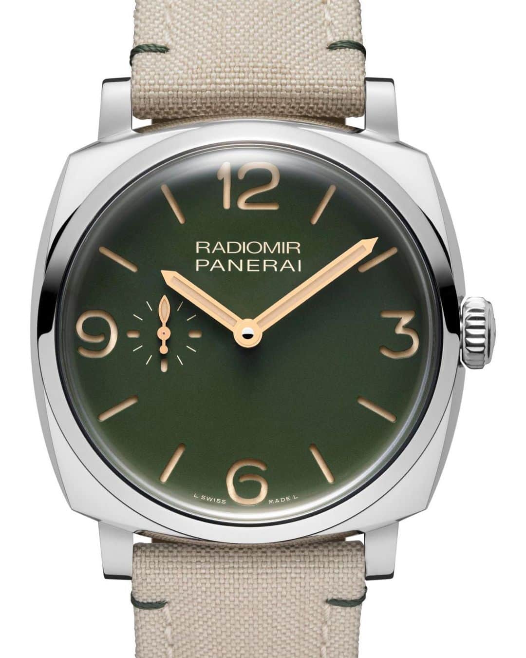 のインスタグラム：「Time to dig a little deeper with the new military green boutique only edition pieces officially released today. I’ll start off with the most simple of the bunch. The #Panerai #PAM995 45mm Radiomir 1940’s in polished stainless steel. The dial is the matte green complimented with gold hands and a vintage lume color. It comes with a great domed crystal and clear case back showcasing the P.4000 micro-rotor automatic movement developed in-house. This movement is the thinnest in the lineup from Panerai and features a 3 day power reserve. It comes with a Ponte Vecchio calf leather strap and a secondary strap made of beige canvas and green stitching. The price of this piece is $11,200 USD #PaneraiCentral」