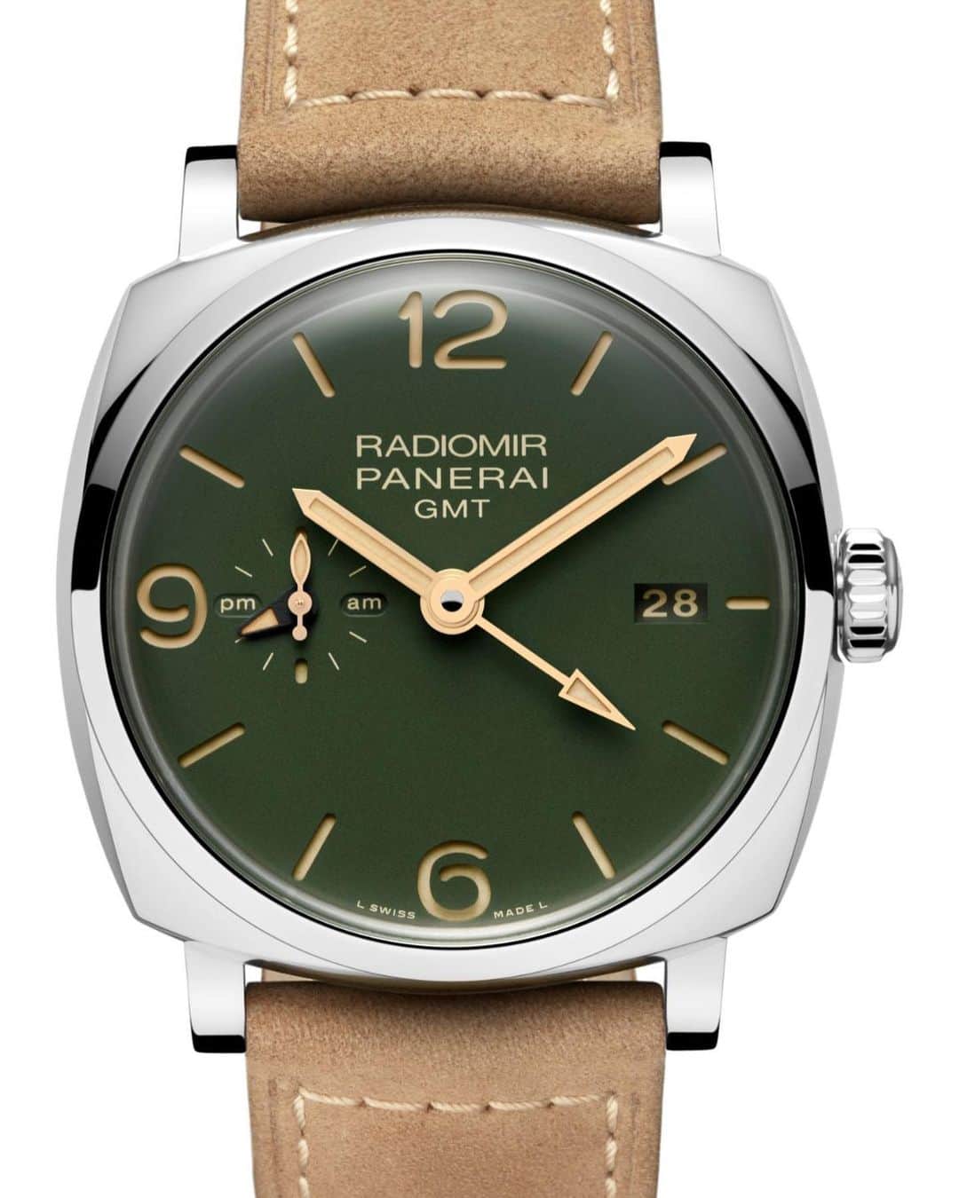 のインスタグラム：「The second piece I will showcase in the Edizione Verde Militare Boutiqe Only Collection is the #Panerai #PAM998 45mm Radiomir 1940’s in polished stainless steel. As with the other model it features a matte green dial, gold hands, and faux vintage lume housed under a domed crystal. This pieces powered by the P.4001 micro-rotor automatic movement comes with a date, GMT complication, AM/PM indicator, and a power reserve gauge on the movement visible on the case back.  The price of this piece is $12,000 USD #PaneraiCentral Read more about all 4 pieces online at www.PaneraiCentral.com」
