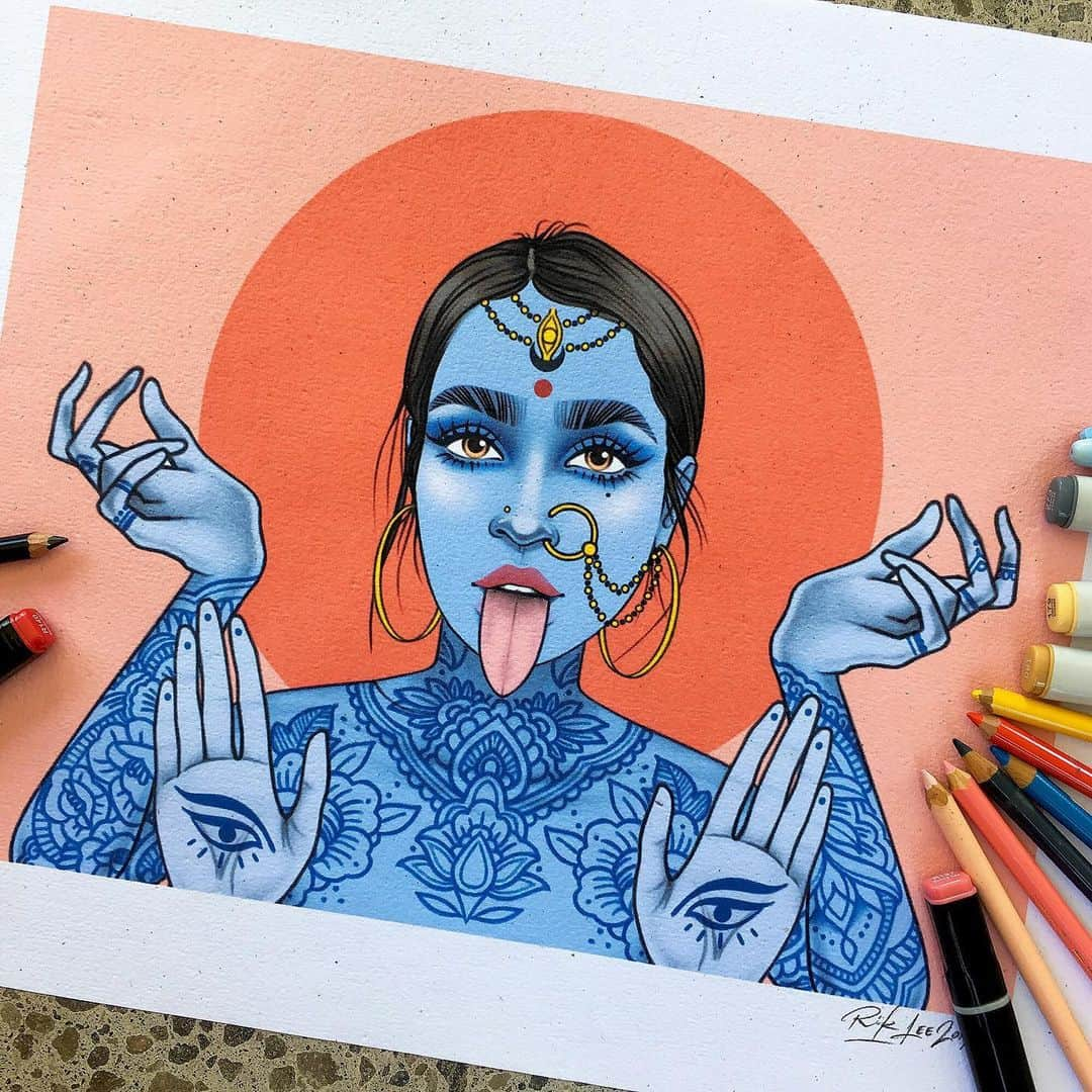 Rik Leeさんのインスタグラム写真 - (Rik LeeInstagram)「The third piece in my series of badass babes who are based loosely on badass goddess babes. This blue beauty is inspired by Kali - divine protector and destroyer of evil. Truly a badass! . On a side note, thanks to everyone who commented on my previous post - a progress video of this piece - showcasing the addition of tattoos, jewelry and tongue. Most people liked the tattoos but not the tongue. I was inclined to agree. However, the tongue is an iconic feature of Kali that I felt needed inclusion in the piece. With some refinement, I think it works better now. Either way, this was a fun one! . . . #riklee #illustration #drawing #kali #goddess #babe #tattoo #art #portrait #fabercastell #divinefeminine #hindu #sketch」7月11日 9時27分 - rikleeillustration