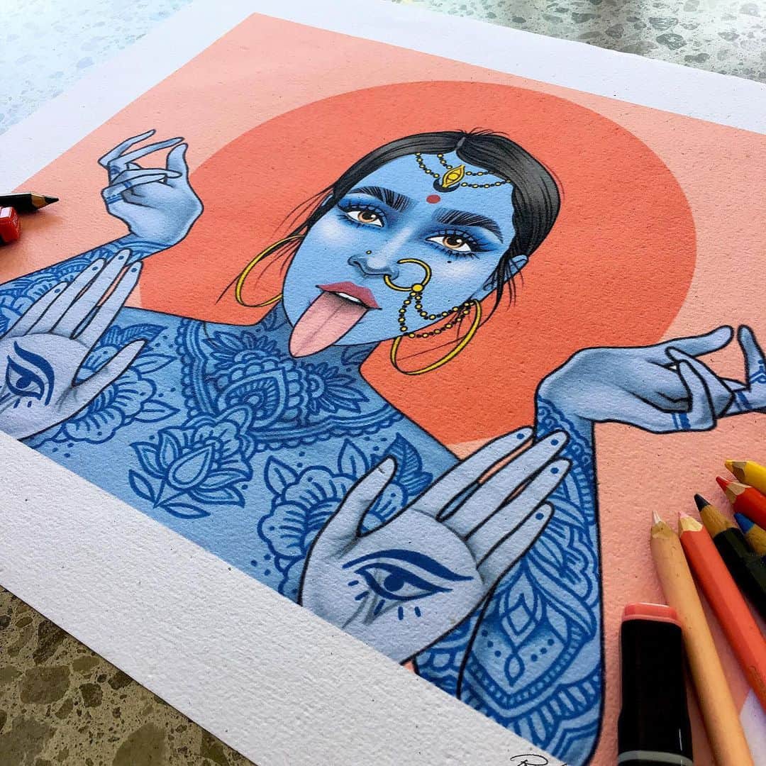 Rik Leeさんのインスタグラム写真 - (Rik LeeInstagram)「The third piece in my series of badass babes who are based loosely on badass goddess babes. This blue beauty is inspired by Kali - divine protector and destroyer of evil. Truly a badass! . On a side note, thanks to everyone who commented on my previous post - a progress video of this piece - showcasing the addition of tattoos, jewelry and tongue. Most people liked the tattoos but not the tongue. I was inclined to agree. However, the tongue is an iconic feature of Kali that I felt needed inclusion in the piece. With some refinement, I think it works better now. Either way, this was a fun one! . . . #riklee #illustration #drawing #kali #goddess #babe #tattoo #art #portrait #fabercastell #divinefeminine #hindu #sketch」7月11日 9時27分 - rikleeillustration