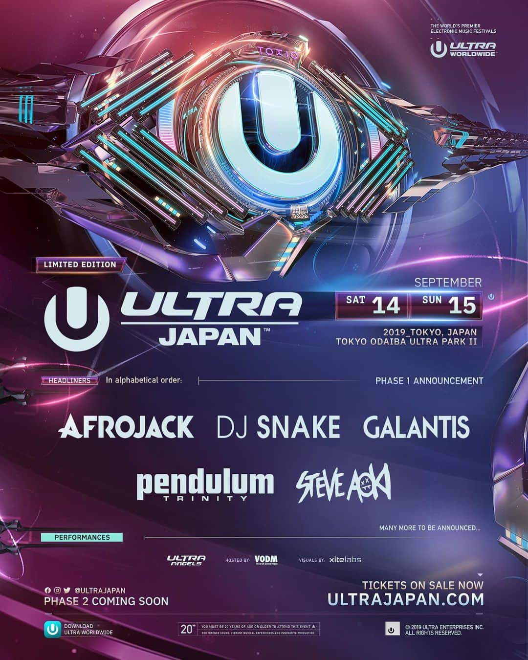 Ultra Japanさんのインスタグラム写真 - (Ultra JapanInstagram)「Presenting the Phase 1 Lineup for Ultra Japan 2019! . Featuring: @afrojack @djsnake @wearegalantis @pendulum TRINITY @steveaoki . and many more to be announced… . Tickets are on sale now at @UltraJapan Link in Profile . . #UltraJapan 2019 PHASE 1 ラインナップ発表‼️ 大都市の中で、最高の仲間と、最高の音楽と、最高の思い出を🙌 追加ラインナップも近日発表予定...🔥 . アドバンス先着先行チケット（1DAY含む）発売開始✨ >> @UltraJapan プロフィールリンク .  Featuring (アルファベット順): . @afrojack @djsnake @wearegalantis @pendulum TRINITY @steveaoki . and many more to be announced…」7月11日 18時00分 - ultrajapan