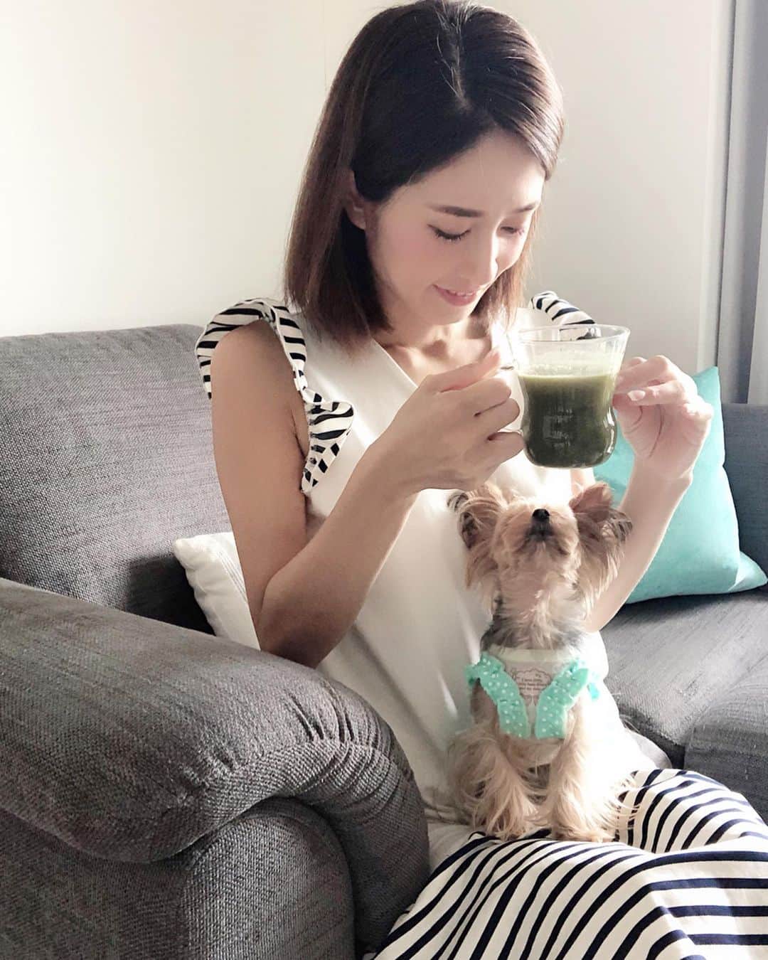 KAORI.OMURA 大村香織さんのインスタグラム写真 - (KAORI.OMURA 大村香織Instagram)「美容と共に健康にも気をつけている7月！お天気のせいもあってか身体が怠い日が続いております😭 ・ よくテレビから聞こえてくるユーグレナの緑汁を試してみています☺︎ @euglena_one ・ 1 品で 59 種類の栄養素と食物繊維も摂れるし、嬉しい低カロリーでダイエットのサポートにもお勧めです。 ・ 小分けスティックなので、旅行先でも簡単に飲めますね✨ ・ 飲みにくいかなぁ？と思いましたがなんだか抹茶風味☺︎ ・ 色々とレシピもあるみたいなのでお料理に入れたりと飽きずに摂れそうです✨ ・ 私、健康だったらなんでもできると常日頃から思っております☺︎ お肌の為にも頑張ろう✨ ・ なんだか姫👸ちゃんのお洋服もグリーンだった。笑 ・ 明日は金曜日！後1日頑張りましょう☺︎ ・ #ユーグレナ #緑汁 #ユーグレナの緑汁 #ミドリムシ#アラフォー#アラフォーライフ#美容#健康#美容好きな人と繋がりたい #健康オタク #アラフォー美容 #大麦若葉 #明日葉 #インナービューティー #エイジングケア #美腸 #腸活 #腸内環境 #パラミロン #美肌 #石垣産ユーグレナ #オリゴ糖 #ビタミン #ミネラル #ボディメイク#ヨーキー#愛犬」7月11日 18時04分 - kaori.omura