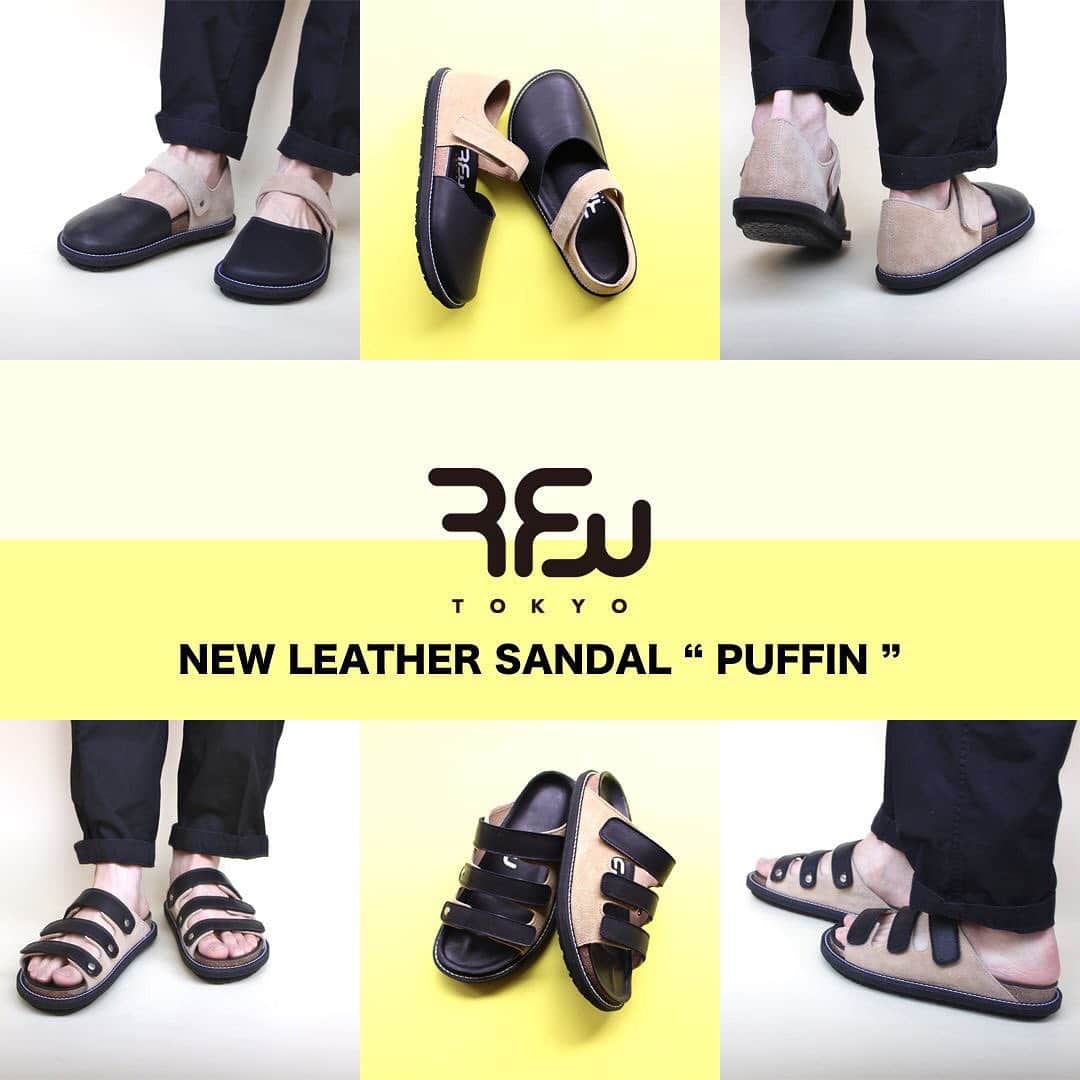 のインスタグラム：「《RFW 2019SS》  New Leather Sandal "PUFFIN" Black×Beige MADE IN JAPAN  今季新作のレザーサンダルが発売中です。 RFWからサンダルが発売されるのは数年ぶり！  国内の工場で職人の手によって製作され、 確かなものづくりを感じる1足になりました。  タイプは2種類  つま先とかかとを包み込むシルエットが印象的な "PUFFIN 1"  三本のストラップが付きサイズ調整が自由自在の "PUFFIN 3"  写真はブラックレザーとベージュスエードのコンビ どちらも非常に合わせ易く、 また、しっかりとしたフットベッドと 張り替え可能なビブラムソールのコンビが◎  RFW this season new leather sandal collection is out ! Made by local craftsman using high quality leather.  Comes in two type  Round silhouette style, design to protect your toe and heel part. "PUFFIN 1"  Three velcro straps sandal, design to securely hold your feet. "PUFFIN 3"  Simple design with soft color tone Combination of black leather and beige suede Soft touch and comfortable foot bedding Lightweight with highly durable Vibram outsole  A perfect pair for your daily casual wear ◎  Check out link below for more !  www.rfwtokyo.com @rfwtokyo  #rfw #rfwtokyo #rhythmfootwear #sneaker #sneakers #kicks #instashoes #instakicks #sneakerhead #sneakerheads #nicekicks #sneakerfreak #kickstagram #2019ss #spring #summer #renewal #20th #aniversary #tokyo #rpm #rhythmprimarymarket #leather #sandal #puffin #newarrival」