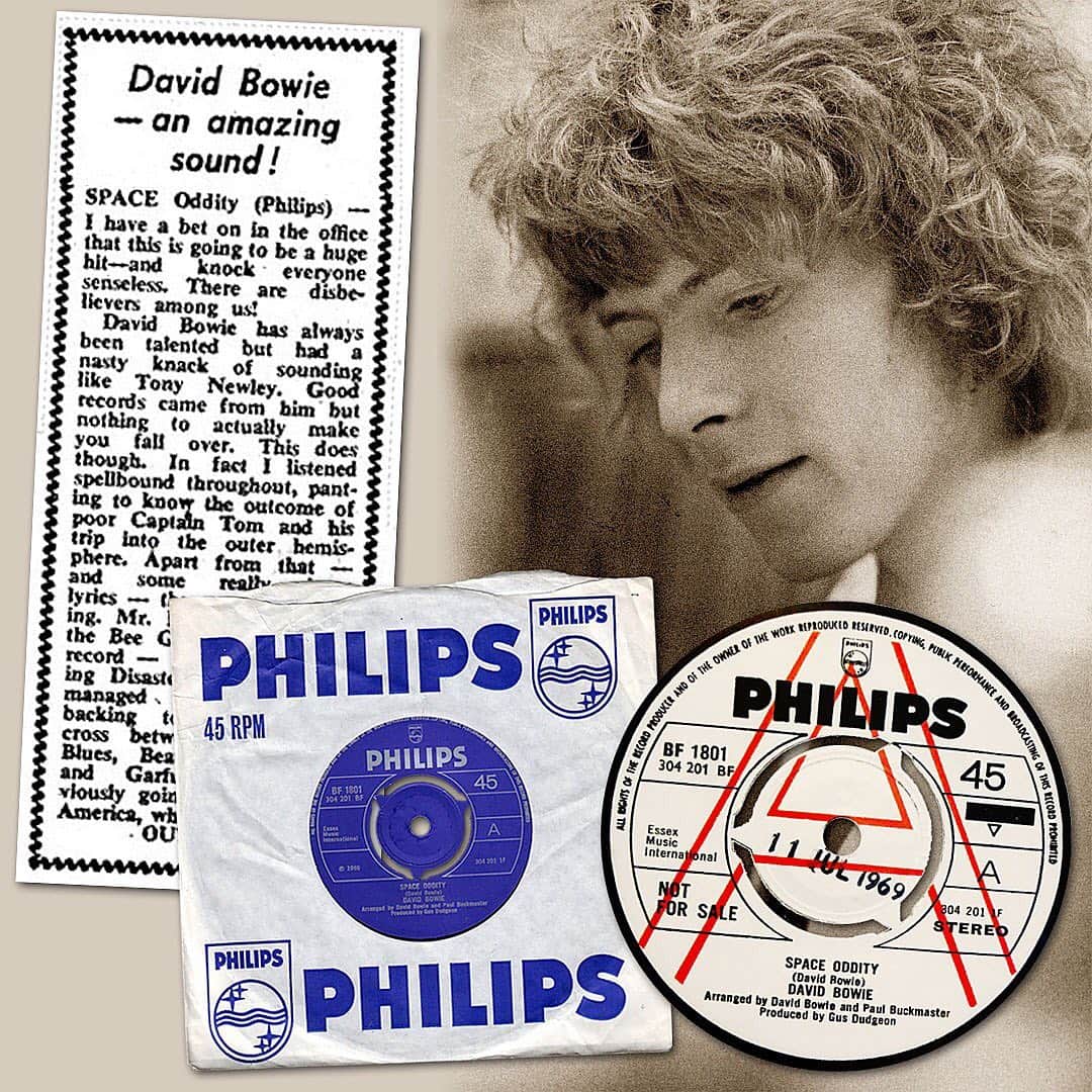 デヴィッド・ボウイさんのインスタグラム写真 - (デヴィッド・ボウイInstagram)「SPACE ODDITY SINGLE IS FIFTY TODAY “Blastoff…” David Bowie’s 1969 breakthrough single, Space Oddity, is fifty today (Thursday 11th July). The review in our montage from the July 12 1969 UK magazine Disc and Music Echo, was by Penny Valentine (a long-time champion of the unknown David Bowie), who starts her appreciation thusly: “I have a bet on in the office that this is going to be a huge hit and knock everyone senseless. There are disbelievers among us!” Well, Penny may have worried she was going to lose her wager for the first few months, but hopefully she collected big time when the record eventually peaked at #5 on the official UK singles chart in November 1969. As you know, her predictions would be further cemented when the 1975 reissue of the song gave Bowie his first #1 in the UK.  Stay tuned for some fun Space Oddity related goings on.  #SpaceOddity50」7月11日 21時02分 - davidbowie