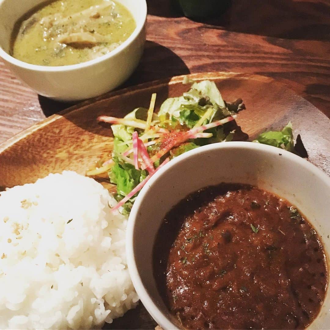 azumiのインスタグラム：「ソロライブで大変お世話になっている #晴れたら空に豆まいて さんのカレーが美味すぎる！ポークビンダルーとおまけに頂いたグリーンカレー。スパイスの繊細さも芳醇で、グリーンは甘みとスパイスのバランスに度肝抜かれた！あ、今日は #brigadoon のライブだった。めっちゃカッコいいよ！ #あずカレー」