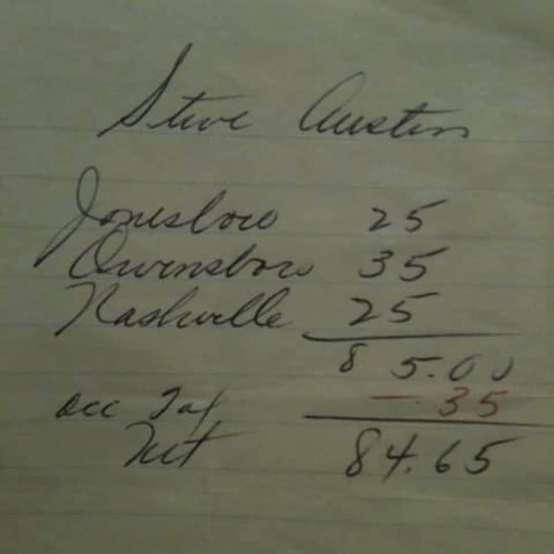 ストーン・コールド・スティーブ・オースチンのインスタグラム：「An old hand written pay stub from my early days in USWA. Territory was down and I was working opening matches happy to have a job being a Professional Wrestler. Worked three towns that week. Jonesboro, AR, Owensboro, KY, and Nashville, TN.  #tbt #goodtimes  #saveyourmoneykid」