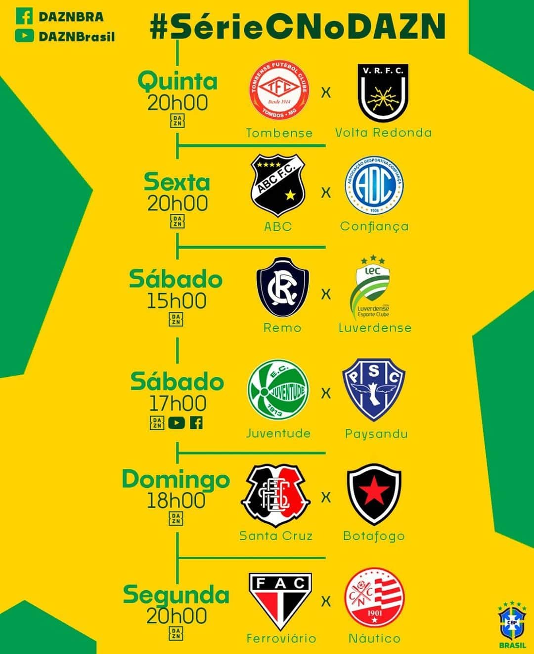 サッカー ブラジル代表チームさんのインスタグラム写真 - (サッカー ブラジル代表チームInstagram)「Olha a agenda de jogos transmitidos da próxima rodada da Série C, no @dazn_bra! Tá cheia de jogão! Vem!」7月12日 3時37分 - cbf_futebol