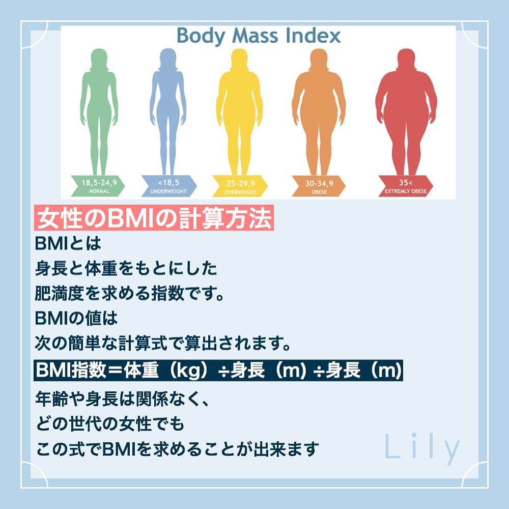 Lilyさんのインスタグラム写真 - (LilyInstagram)「【女性の標準BMIはどれくらい？理想の数値や計算方法を紹介！】 詳細はプロフィール画面のハイライト<最新投稿>からCheck👣 ↓↓↓ @lily_dietgram -- - 自分が太っているのか痩せているのかは、BMIと体重から算出することが出来ます。 年齢や身長別の健康な体重・BMI値はどの程度なのか、 どのくらい体重・BMI値を落とせばなりたい体系になれるのか、 について詳しい解説をご紹介！  Llly編集部👩🏻‍🦰<女性の標準体重や理想BMI値を知って正しくダイエットをしましょう！ -- - #lilyダイエット フォロワーさん紹介企画 みなさんが挑戦したLilyのダイエット動画の実践、感想やおすすめのダイット方法、レシピなどジャンル問わず教えてください！ 「lilyダイエット」でタグをつけて投稿して頂いたフォロワーさんをLily内の投稿でご紹介する企画を実施致します💪  是非ご協力お願い致します！ -- #BMI #ダイエット #体重 #標準体重 #健康体重 #美容体重 #ダイエット豆知識 #おすすめダイエット #ダイエット効果 #自宅で簡単ダイエット #ボディメイク #痩せて綺麗になる #夏までに痩せる #ダイエット効果 #家トレ #BMI計算 #知りたいこと教えて #綺麗になる #理想体重 #理想BMI」7月12日 11時31分 - lifit_x