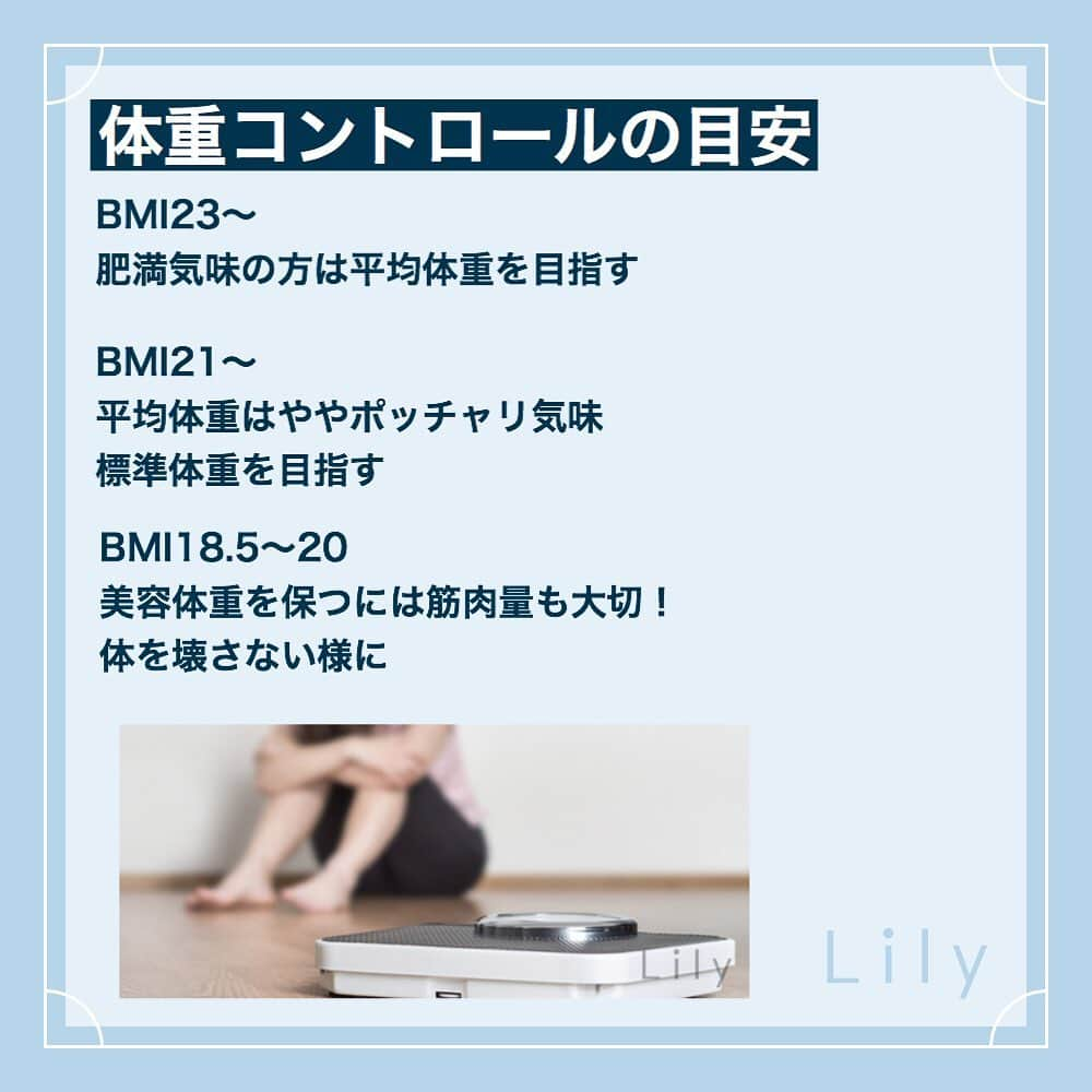 Lilyさんのインスタグラム写真 - (LilyInstagram)「【女性の標準BMIはどれくらい？理想の数値や計算方法を紹介！】 詳細はプロフィール画面のハイライト<最新投稿>からCheck👣 ↓↓↓ @lily_dietgram -- - 自分が太っているのか痩せているのかは、BMIと体重から算出することが出来ます。 年齢や身長別の健康な体重・BMI値はどの程度なのか、 どのくらい体重・BMI値を落とせばなりたい体系になれるのか、 について詳しい解説をご紹介！  Llly編集部👩🏻‍🦰<女性の標準体重や理想BMI値を知って正しくダイエットをしましょう！ -- - #lilyダイエット フォロワーさん紹介企画 みなさんが挑戦したLilyのダイエット動画の実践、感想やおすすめのダイット方法、レシピなどジャンル問わず教えてください！ 「lilyダイエット」でタグをつけて投稿して頂いたフォロワーさんをLily内の投稿でご紹介する企画を実施致します💪  是非ご協力お願い致します！ -- #BMI #ダイエット #体重 #標準体重 #健康体重 #美容体重 #ダイエット豆知識 #おすすめダイエット #ダイエット効果 #自宅で簡単ダイエット #ボディメイク #痩せて綺麗になる #夏までに痩せる #ダイエット効果 #家トレ #BMI計算 #知りたいこと教えて #綺麗になる #理想体重 #理想BMI」7月12日 11時31分 - lifit_x