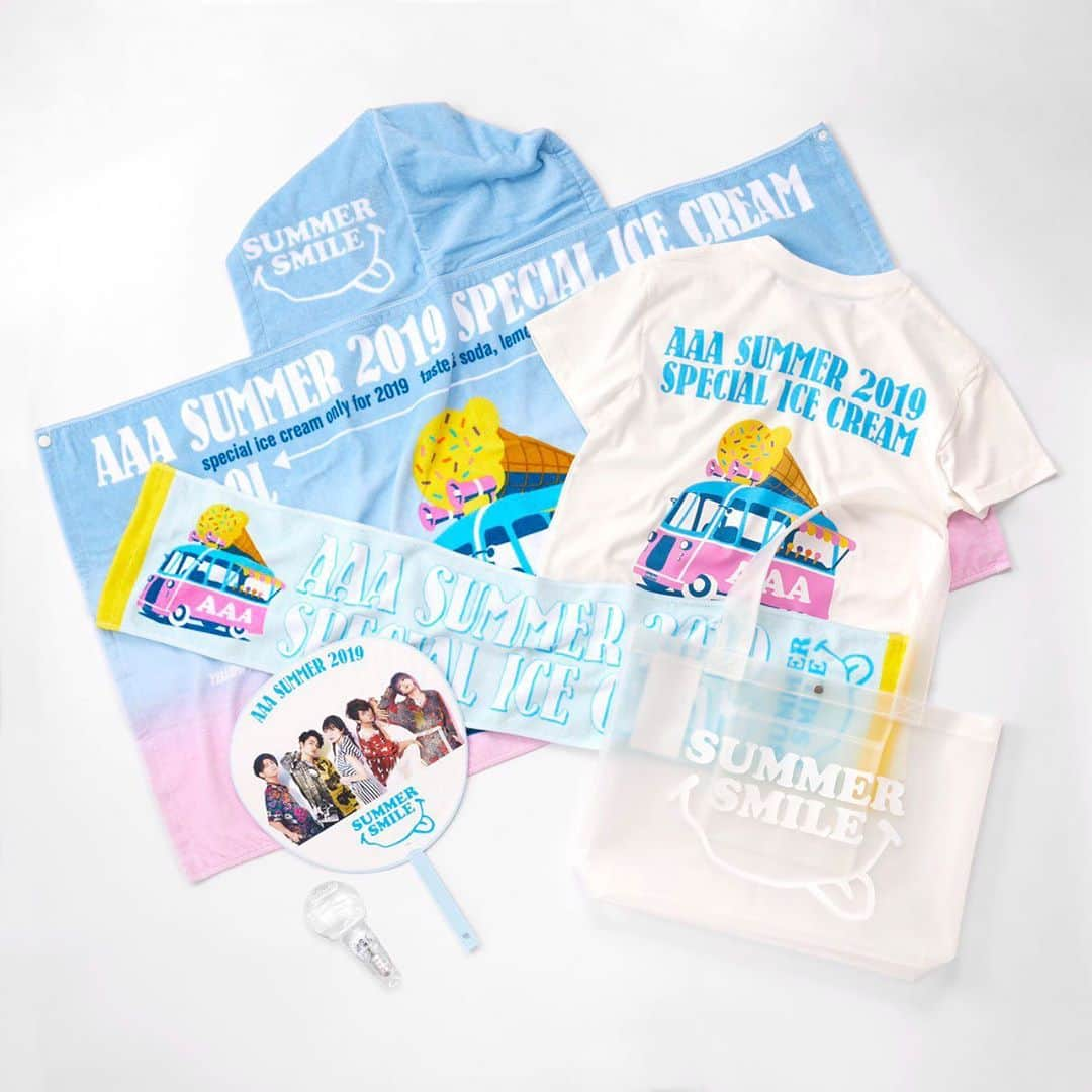 AAAさんのインスタグラム写真 - (AAAInstagram)「-----------------------------﻿ ﻿ 「AAA SUMMER GOODS 2019」販売決定！🌈✨﻿ ﻿ -----------------------------﻿ ﻿ 今回は「SUMMER SMILE」﻿ と題して、﻿ ﻿ “アイスクリームショップ”を﻿ デザインモチーフにした、﻿ 爽やかでポップなラインナップが登場🍨💞﻿ ﻿ ﻿ そんな今回も見た目👀から﻿ ワクワクするようなグッズは、﻿ ﻿ ECサイトにて﻿ 《7/19(金) 16:00》より﻿ 先行販売スタート！ 🥰﻿ ﻿ ﻿ また、会場では、﻿ 「a-nation 2019 / a-nation 2019 FUKUOKA powered by GALAPAGOS」﻿ AAA出演の8/17(土)に加え、﻿ ﻿ メンバーがソロ出演する、﻿ 三重・福岡・大阪の各会場でも﻿ 販売が決定！🎤🎶🌈﻿ ﻿ ﻿ ぜひグッズをゲットして、﻿ 今年もAAAと一緒に最高の夏にしませんか？⭐️﻿ ﻿ -----------------------------﻿ ﻿ ＞＞詳しくはコチラ☺️💕﻿ https://avex.jp/aaa/goods/detail.php?id=1001518﻿ ﻿ -----------------------------」7月12日 13時18分 - aaa_official_jp