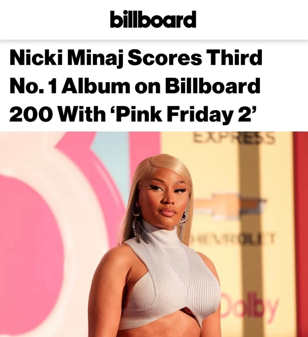 Billboardのインスタグラム：「Nicki Minaj’s #PinkFriday2 debuts atop the #Billboard200, marking her third No. 1 — and the most No. 1s among female rappers.  Tap the link in bio for details.」