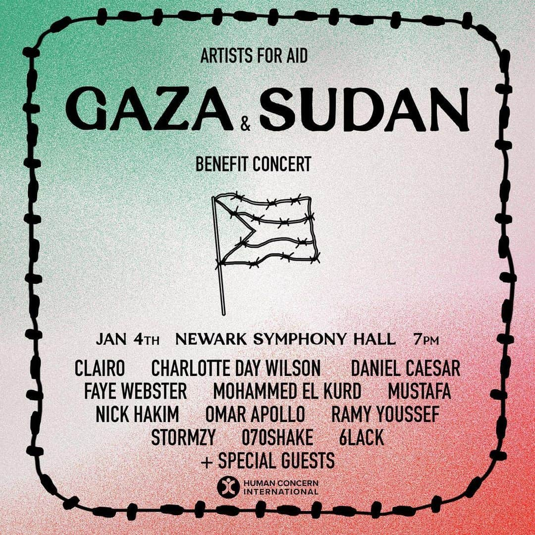 ダニエル・シーザーのインスタグラム：「the Artists for Aid benefit concert,  100% of proceeds will go to Human Concern International, a legacy organization I’ve been a friend to for a decade- they provide humanitarian aid to both Gaza and Sudan.  We worked tirelessly to bring this to you, but our fatigue is not even a splinter of what we’ll be singing for.    In the last few years I visited both my homeland, Sudan- & Palestine. My visit to both had a principal intention, to connect with artist communities, with young organisers- for parallels of sorrow and hope and faith.   The violence in both nations seized the dream.     Here it is revived for me in someway. The intention remains, on this evening we give our voices to make room for theirs.    I want to thank each artist performing from the deepest part of me, for your time and effort. None of you hesitated when asked. We’ll remember.」