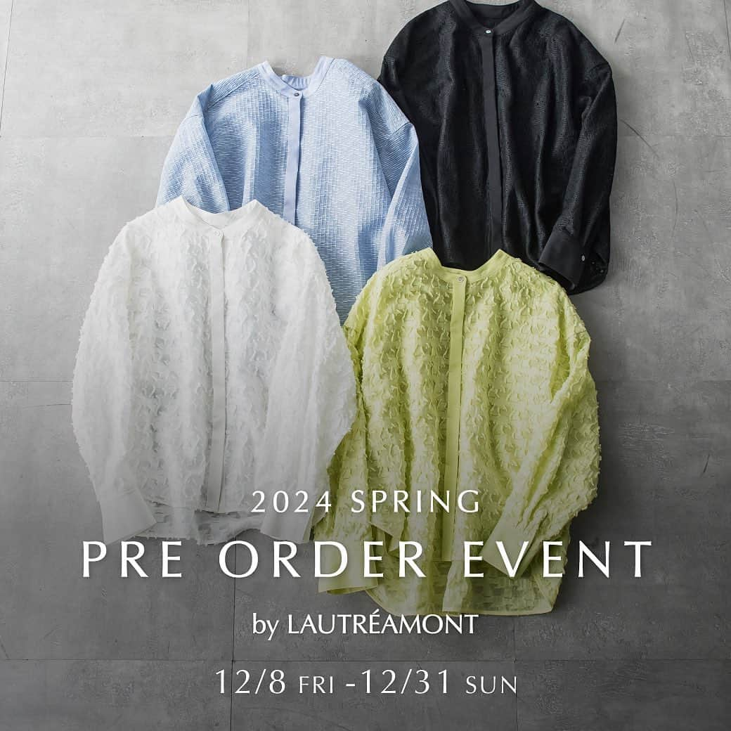 LAUTREAMONTのインスタグラム：「. 【 2024 SPRING PRE ORDER EVENT 】 by LAUTRÉAMONT 12/8 FRI - 12/31 SUN オーダー開催中！ _________________________  LAUTREAMONTの特別な受注イベント開催中！春を彩るブラウス、アーカイブプリントを使用したTシャツ、定番ラメインナーの特別カラー&新型など 今しか手に入らない特別なアイテムをご用意いたしました。  .  01.Cropped Shirt この春おすすめのクロップドシャツ。 シアー感を取り入れた素材バリエーションで今年らしくアップデート。 3素材の各2色展開の計6色の中からお気に入りの素材を選んでいただけます  02.Archive Print T-Shirt LAUTREAMONT50周年を記念して、1970年代、1980年代のブランドカタログをフォトTシャツとして復刻。 PARISで撮影したヴィンテージ感のある5枚の写真を抜粋いたしました。  03.Glittery Inner Wear LAUTREAMONT名品のラメタンクトップ。 定番のアイテムを期間限定で4色からお選びいただけます。 ストラップ留め付きのニュータイプもご用意いたしました。  .  アイテム、予約の詳細はストーリーハイライトのURLからチェックしてみて下さい🔍✨」