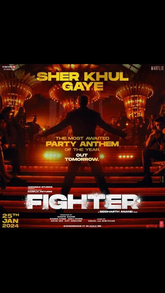 リティク・ローシャンのインスタグラム：「Let’s get this party started! 🪩 #SherKhulGaye SONG OUT TOMORROW.  #Fighter #FighterOn25thJan   @vishaldadlani @shekharravjiani @bennydayalofficial @shilparao @kumaarofficial @boscomartis @caesar2373 @deepikapadukone @anilskapoor @s1danand #KevinVaz @ajit_andhare @mamtaanand10_10 @ramonchibb @ankupande @iamksgofficial @akshay0beroi @viacom18studios @marflix_pictures @tseries.official #FighterMovie」