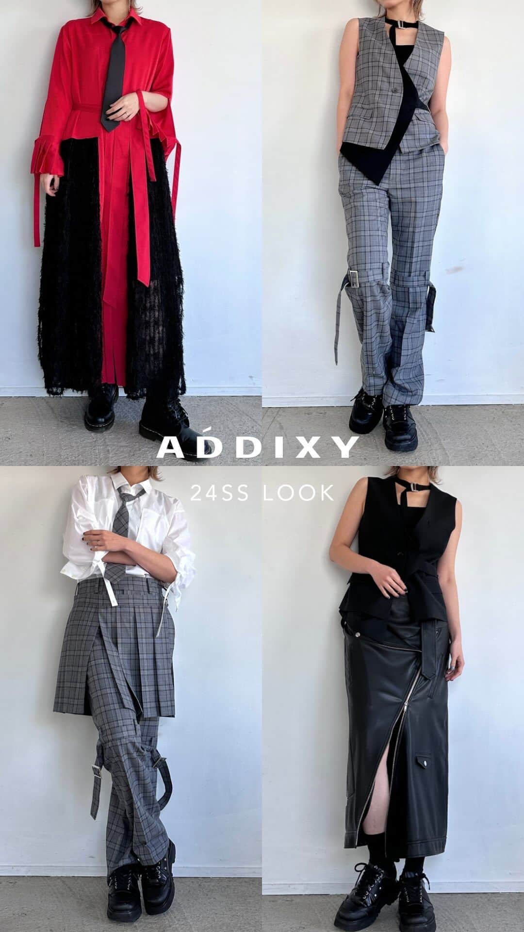 サキのインスタグラム：「明日から始まる @addixy_official 24SS受注のルックの一部をまとめました。  ワンピース、ボンテージパンツのセットアップがお気に入りです🫧  #ブラックコーデ #ブラックコーディネート #モード系 #モード系ファッション #モード系女子  #モードスタイル #モードコーデ #高身長コーデ #モノトーン #モノトーンコーデ #モノトーンファッション #everydaylook #ootd4nylonjp #ボンテージパンツ #ボンテージ #パンクファッション #モード系コーデ #addixy」