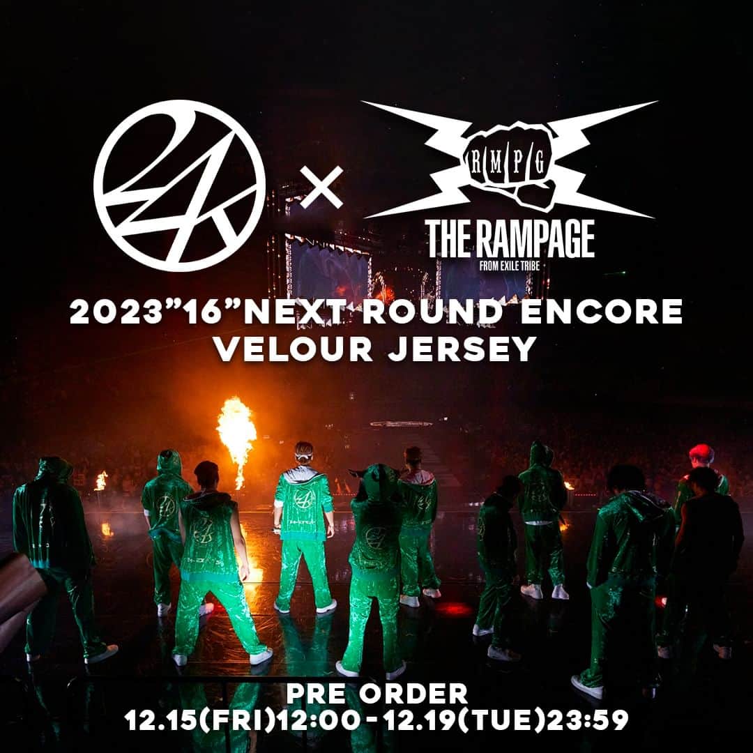 PKCZ GALLERY STOREのインスタグラム：「THE RAMPAGE LIVE TOUR 2023 “16” NEXT ROUND ENCORE Velour Jersey PRE ORDER 12.15(FRI)12:00-12.19(TUE)23:59 on VERTICAL GARAGE ONLINE  "16" NEXT ROUND Velour Jersey PRICE￥ 35,200 COLOR: Green SIZE: S/M/L/XL  ■VERTICAL GARAGE ONLINE 12.15(FRI) OPEN:12:00  @the_rampage_official @24karatsofficial @vertical_garage #THERAMPAGE #24karats」
