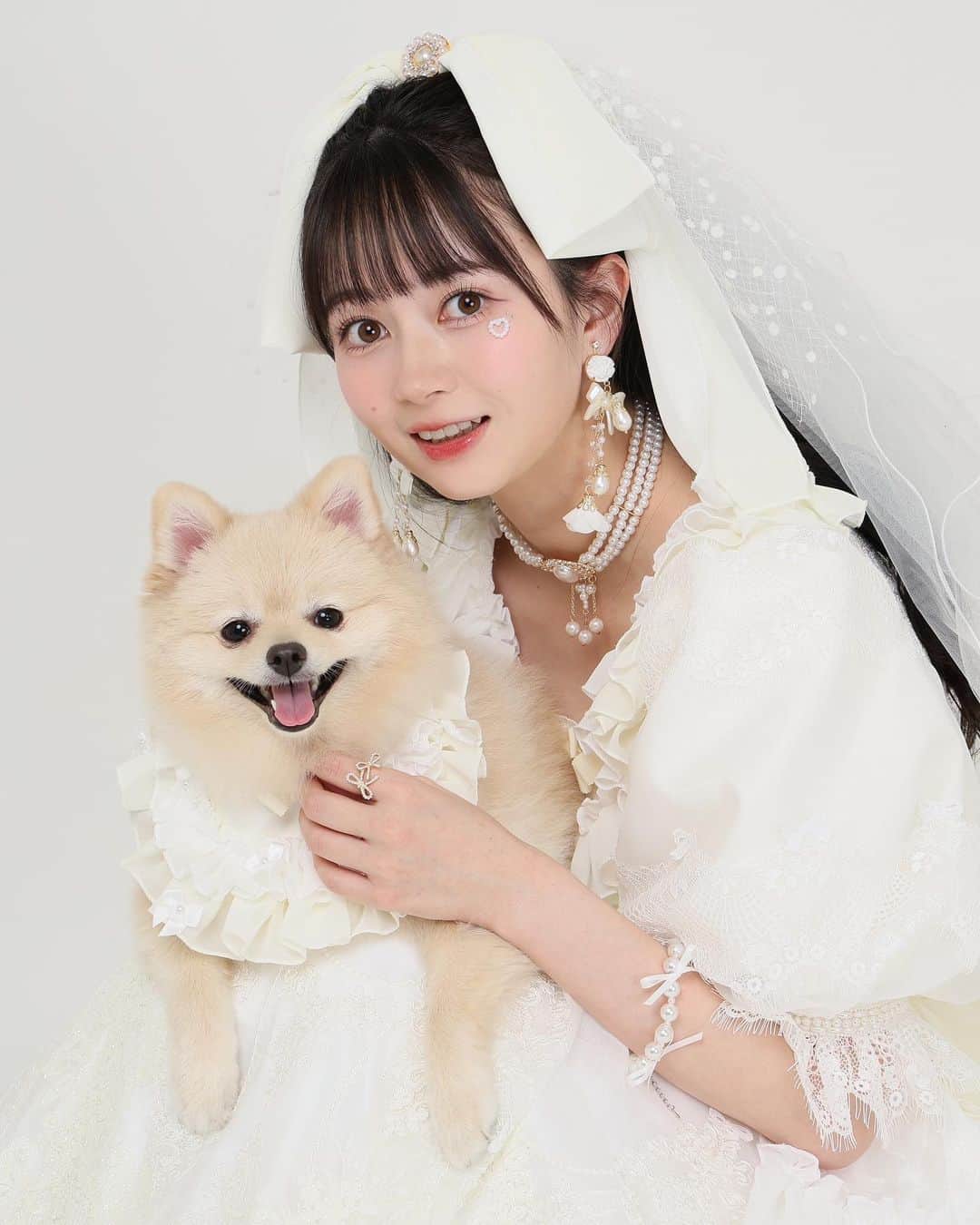 江籠裕奈のインスタグラム：「⁡ 卒業ドレスでの撮影はきなちゃんも一緒に🥹 可愛すぎる！！！ カメラの向こうではきなちゃんのお友達のまきこさんが一生懸命名前呼んでくれてました。大感謝🥹 4枚目は現場入りきなちゃん、5枚目は撮影後のおつかれきなちゃんです。」
