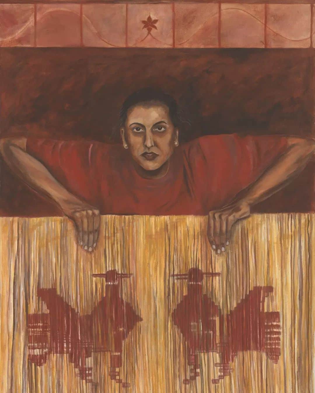 テート・ギャラリーのインスタグラム：「Bhajan Hunjan’s paintings represent the physical and mental enclosure felt by South Asian women in the UK, who struggle to express themselves while conforming to social expectations and cultural conventions. 🌎  Her compositions frequently depict women concealed behind physical barriers like screens, foliage and metal - representing the cultural expectations that limit women.  In addition to her art, Hunjan works with a South Asian women's refuge and leads community arts groups, hoping to inspire those who may feel unable to fully express themselves. As she says, 'I can't resolve anything, but I can sow a seed.'   Through her artwork, she aims to plant seeds of empowerment, cultivating community connections and helping South Asian women to creatively bloom. 🌸   🎟️ See Hunjan's painting 'The Affair' up close in the #WomenInRevolt! exhibition on at #TateBritain」