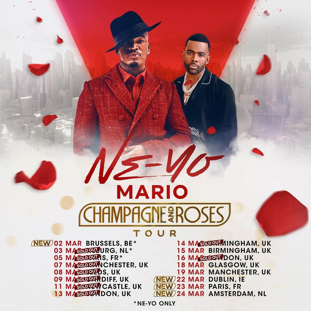 NE-YOのインスタグラム：「Your wish is granted! I've added 4 NEW SHOWS to my European CHAMPAGNE & ROSES TOUR with my brother @marioworldwide!! Tickets go on sale 12/18!  #ChampagneAndRosesTour 🥂🌹」