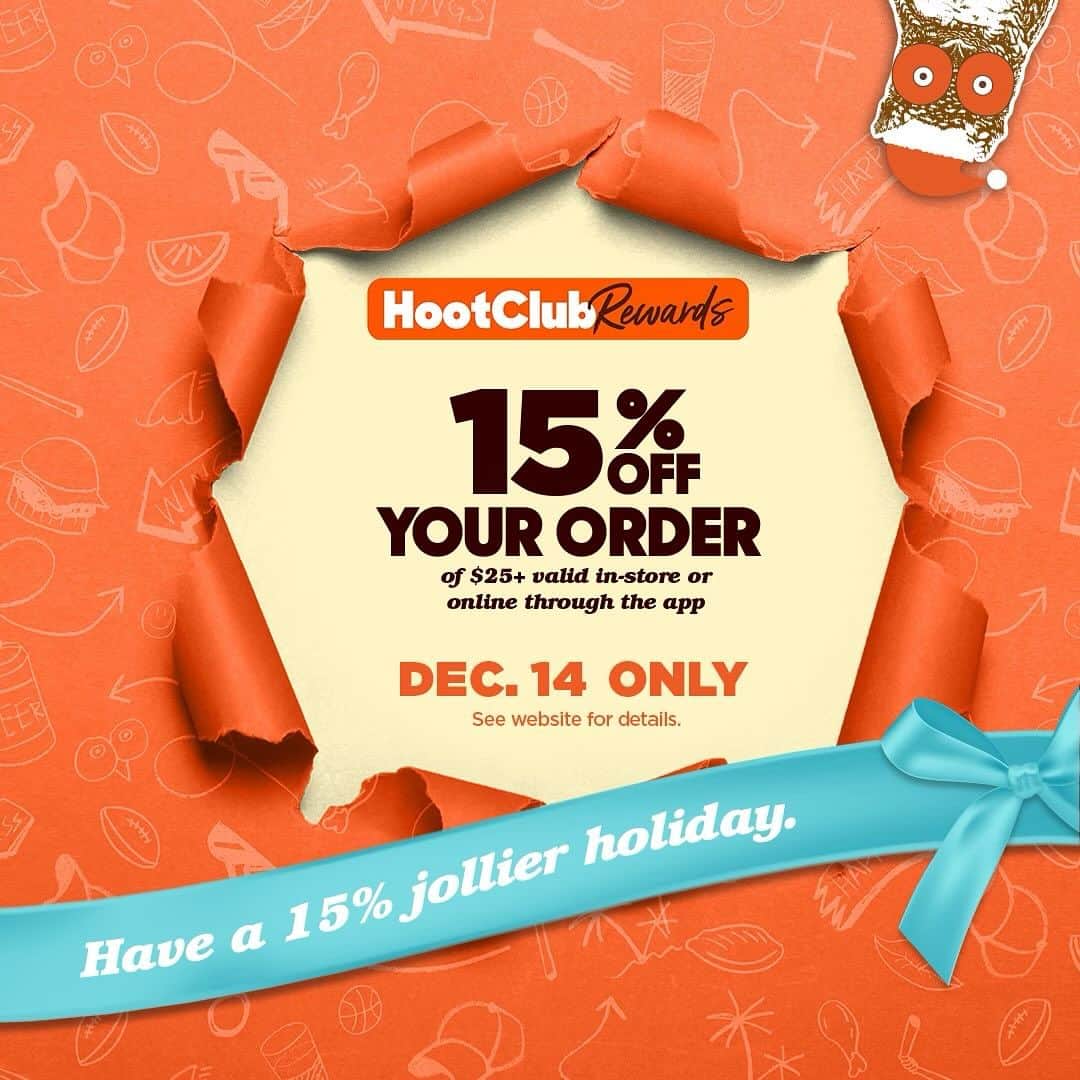 Hootersさんのインスタグラム写真 - (HootersInstagram)「Copy: On the 4th day of Hootmas, a little bird is calling on HootClub Rewards members to save big. HootClub Reward members to save 15% on order of $25 or more. Visit Hooters.com/hootmas for details. ☎️🐦‍⬛  DISCLAIMER: Reward valid 12/14/23 only at participating locations. See reward disclaimer for more details.」12月15日 0時49分 - hooters