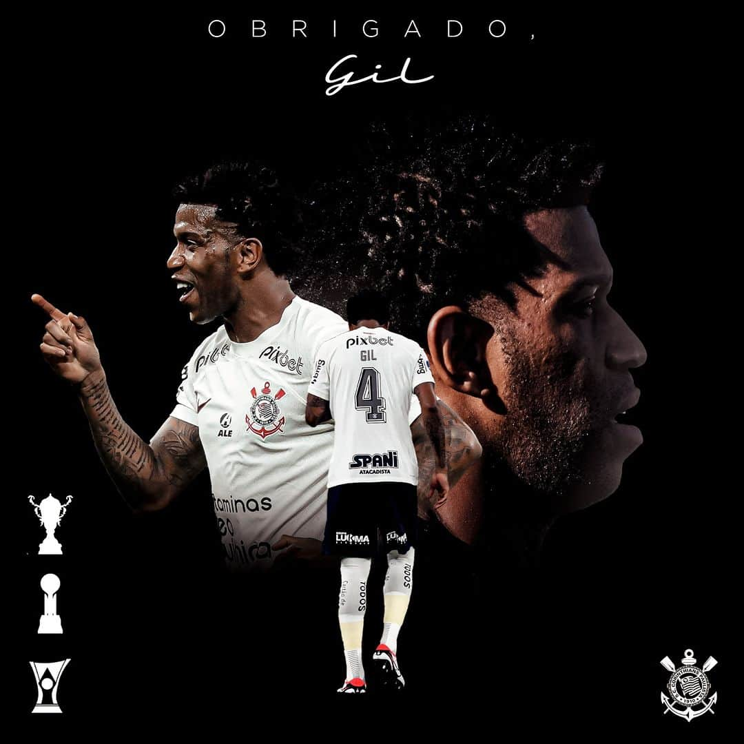 コリンチャンスのインスタグラム：「Obrigado, Gil! 4️⃣  O Sport Club Corinthians Paulista agradece ao zagueiro Gil pelos anos de honra e raça com o manto do Timão!   Pelo Coringão, foram 3 títulos conquistados! 🏆🏆🏆  #ObrigadoGil #VaiCorinthians」