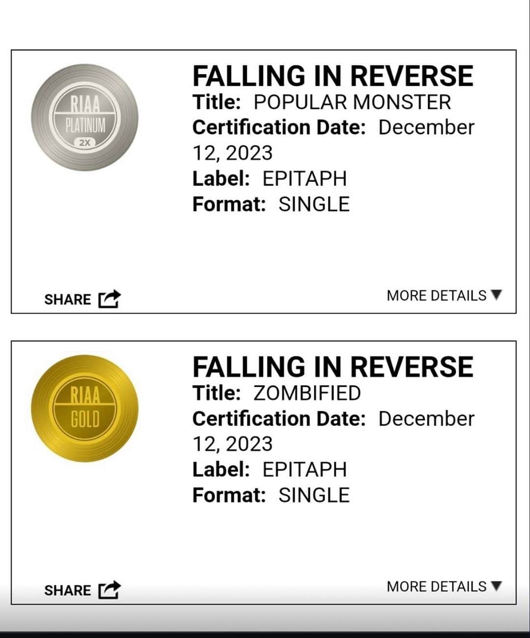 ロニー・ラドクのインスタグラム：「Popular monster is 2 x platinum and zombified is gold with boxes in my head and watch the world burn in tow next thank you to everyone who helped create this universe with me.」