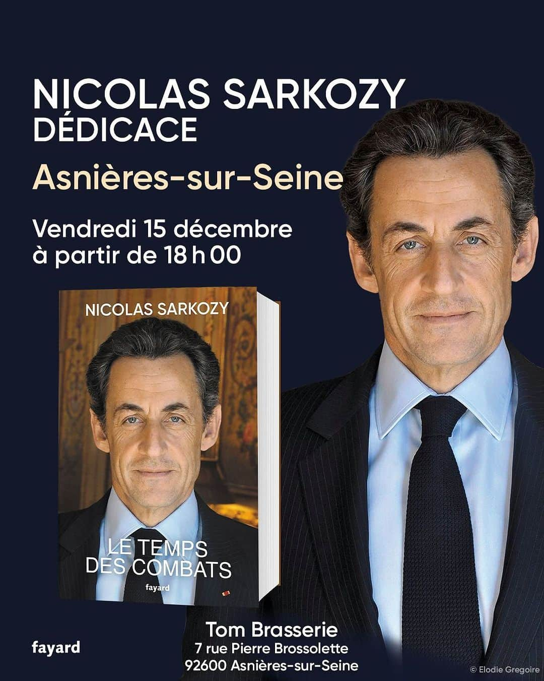 ニコラ・サルコジのインスタグラム：「Retour dans les Hauts-de-Seine demain ! Rendez-vous à @villeasnieres chez @tom.brasserie à partir de 18h #letempsdescombats @editionsfayard」