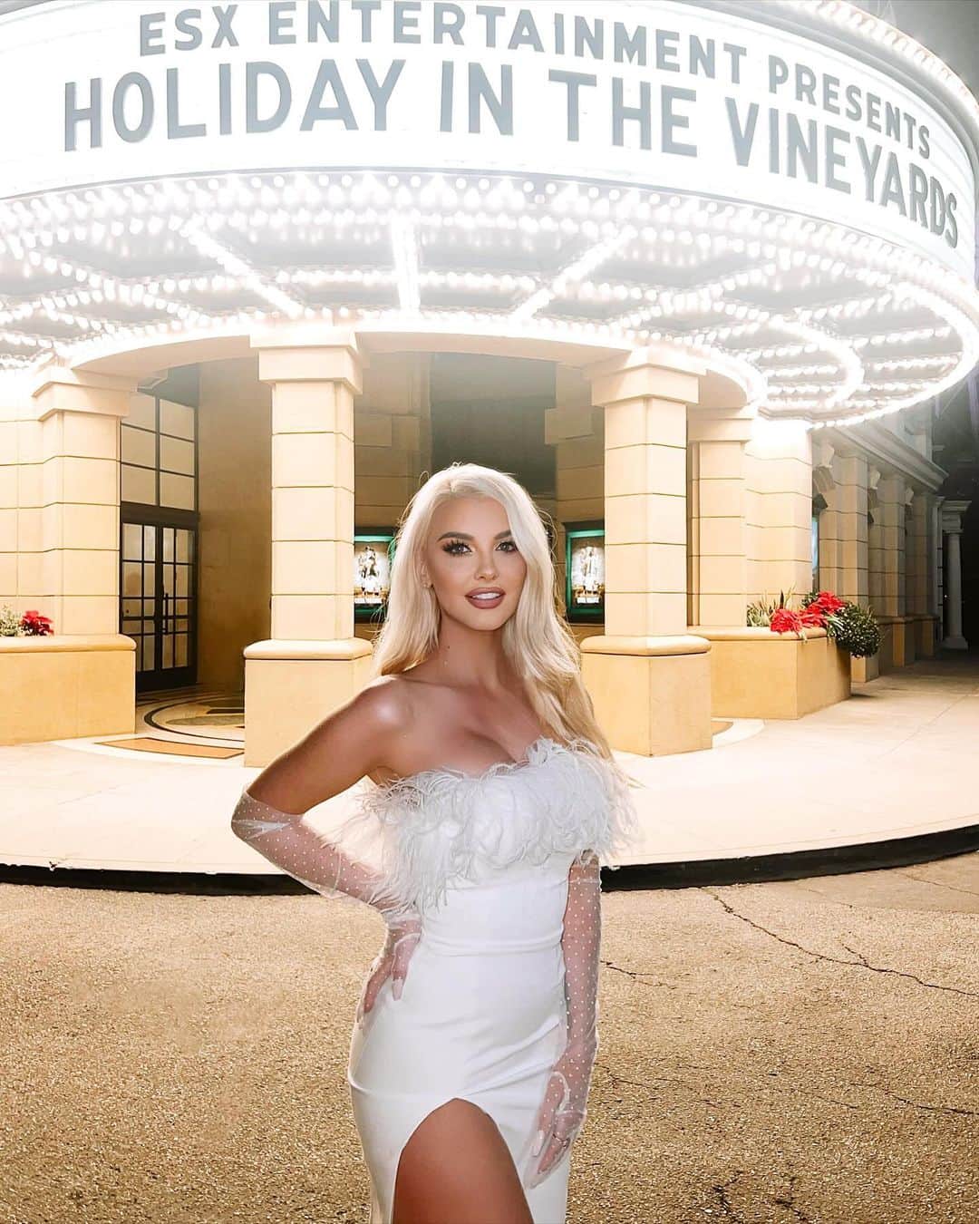 エミリー・シアーズのインスタグラム：「All the #Christmas magic last night at the ‘holiday in the vineyards’ premiere ❄️☃️🤍🎄 make sure you watch it on Netflix to get in the #holiday spirit! 🍷🎁🎅🏻  congrats again to the beautiful leading lady @solrodr and thanks again to @lipsticknick for my winter wonderland glam 💄🌟🔔」