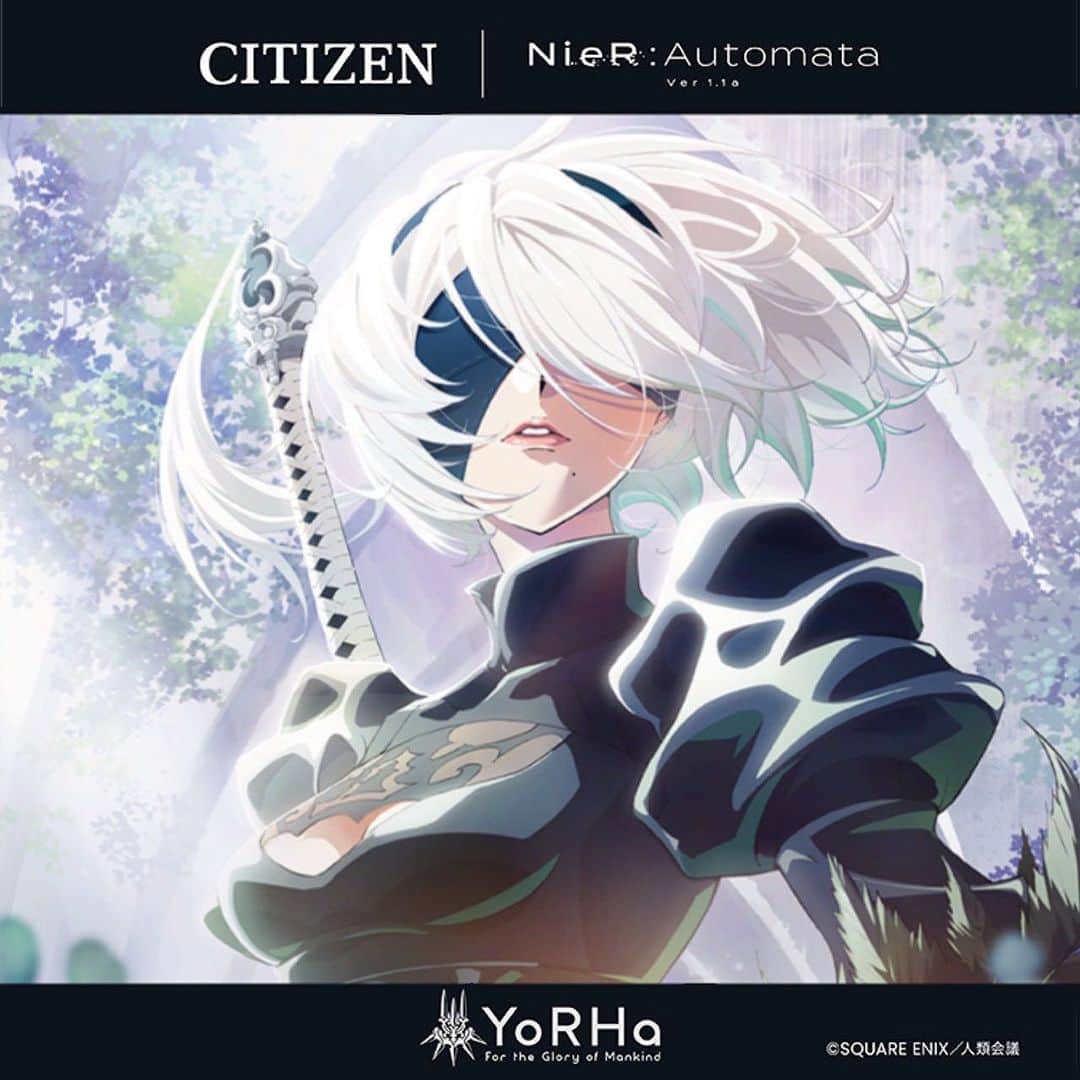CITIZEN（シチズン時計）のインスタグラム：「「シチズンコレクション」から『NieR:Automata Ver1.1a』とのコラボレーションウオッチが本日より受注生産受付開始！  アンドロイド「ヨルハ(YoRHa)」部隊の一員として活躍するヨルハ二号B型が着用しているスカートの模様と作品に登場する天使文字を文字板外周部分にあしらったデザイン✨  時分針は2Bが初期装備として使用する小型剣「白の契約」をモチーフに、刀身をイメージしたミラー仕上げにしています⚔ バンドの留め具部分には、ヨルハ部隊のエンブレムを刻印。  『NieR:Automata Ver1.1a』のロゴがプリントされた限定BOXとヨルハ部隊のエンブレムをあしらったオリジナルカード付き。  2024年1月19日（金）15:00までの受注限定品。お見逃しなく！  #NieR #ニーア#ニーアオートマタ#NieRAutomata」