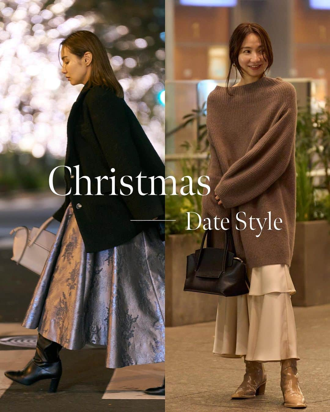 フレイアイディーのインスタグラム：「Christmas Date Style  大切な誰かと会う機会が増えて、 心浮き立つクリスマスシーズン。 冬の街にも映える華やかなアイテムを揃える FRAY I.Dの秋冬コレクションから、 サブディレクター・三谷麗子と プレス・阿部友里那が イベントに合わせたコーディネートをご提案します。  Jacket ¥46,200 (tax in)  Knit tops ¥17,600 (tax in)  Skirt ¥39,600 (tax in)  Bag ¥14,960 (tax in) Shoes ¥24,200 (tax in)   #frayid #Christmas Date Style」