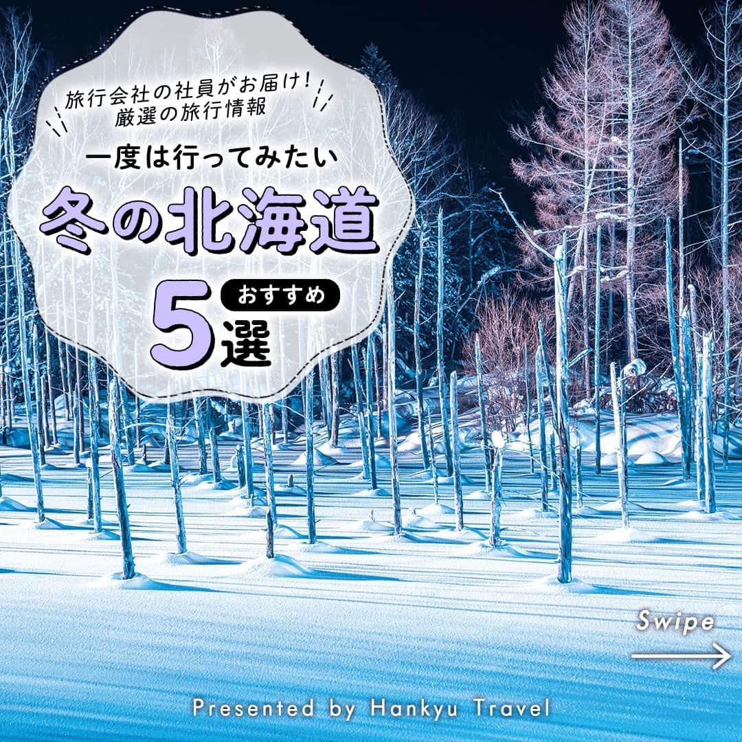 阪急交通社のインスタグラム：「☑️公式アカウントの投稿はこちら →@hankyu_travel  旅行会社社員が厳選の旅行情報をお届け！ 今回は冬の北海道をご紹介！  ／ ✨保存して見返してね✨ ＼  －－－－－－－－－－－－－－－  【さっぽろ雪まつり】 札幌市で1950年から始まり、 2024年で74回目を迎えるさっぽろ雪まつり。 雪と氷をテーマにした美しい氷彫刻や 雪像の展示を見ようと、国内外から 多くの観光客が訪れるビッグイベントです❄ 大通公園やすすきの、スポーツ交流施設つどーむで 様々なイベントが催されます☃ 開催期間：2024年2月4日(日)〜2月11日(日) 📍アクセス：大通り会場（北海道札幌市中央区 大通西1～10丁目）、すすきの会場（北海道 札幌市中央区南4条から南6条までの西3・4丁目）、 つどーむ会場（北海道札幌市東区栄町885−1）  【白金青い池】 2012年に有名企業の壁紙などにも採用された青い池。 美瑛川の河川水と、その上流から流れる アルミニウムを含んだ水が混ざり、 光の反射によって池が青く見えることが特徴です🌌 下記の期間は水面の氷結、積雪後を利用した、 幻想的なライトアップイベントで 多くの観光客を魅了します✨ 開催期間：2023年11月1日(水)〜2024年4月30日(火) ※12月～4月上旬は積雪のため、青い水面を見ること ができません。 📍アクセス：北海道上川郡美瑛町白金  【流氷クルーズ】 例年1月下旬〜3月下旬の間、 オホーツク海を白一色に染める流氷は 日本では北海道でしか見られない冬の風物詩❄️ 砕氷船クルーズに乗船し、オホーツク海を流氷が 埋めつくす神秘的な絶景に出逢いにいきましょう。 船上からはオオワシなど野生動物たちの冬の営みを 間近で楽しめます🛳️ 📍アクセス：北海道網走市  【層雲峡温泉氷瀑まつり】 層雲峡の美しい自然を生かした、 北海道冬の三大まつりのひとつ。 石狩川の河川敷には約30基の氷像が立ち並び、 幻想的な光景が広がります⛄ 氷柱、氷のトンネル、アイスドームなども出現し、 夜になると内部からきらびやかにライトアップされ、 峡谷を神秘的に彩ります✨ 日によっては打ち上げ花火が開催されます！ 開催期間：2024年1月27日(土)～3月17日(日) 📍アクセス：北海道上川郡上川町層雲峡 層雲峡温泉  【五稜星の夢】 函館の夜景を背景に巨大な星の輪郭が浮かび上がる、 1989年より続くロマン溢れるイベントです🌟 点灯式ではカウントダウンに合わせて、 五稜郭跡の堀沿いで約2000個の 電球が一斉に灯されました。 五稜郭タワーの展望台から美しい イルミネーションと夜景をお楽しみください🌃✨ 開催期間：2023年12月1日（金）〜2024年2月29日 （木）日没〜19時 ※五稜郭タワーの営業時間は18時までです。 📍アクセス：北海道函館市五稜郭町44  －－－－－－－－－－－－－－－ ※写真はイメージとなり、過去の写真の場合がございます。 ※内容は投稿日時時点の情報です。状況により変更となる可能性がございます。 ※過去に掲載した情報は、期限切れの場合がございます。  🍃 当アカウントでは、阪急交通社社員が厳選の日本国内外の魅力的な風景、自然の美しさ、そして旅先のプチ豆知識をお届けします。ぜひプロフィールからフォローして他の投稿もチェックしてみてくださいね！ →@hankyu_travel ━━━━━━━━━━━━━━━━━━━  🌐弊社関連アカウント紹介 ーインスタパンフ→ @hankyu_travel_pamphlet  ━━━━━━━━━━━━━━━━━━━  #阪急交通社  #北海道 #北海道旅行 #北海道観光  #北海道旅 #北海道イベント #さっぽろ雪まつり #白金青い池 #青い池 #流氷クルーズ #層雲峡温泉氷瀑まつり #層雲峡氷瀑まつり #五稜星の夢 #五稜郭 #五稜郭タワー #札幌 #美瑛 #函館 #層雲峡 #層雲峡温泉 #札幌旅行 #札幌観光 #函館旅行 #函館観光 #イルミネーション #雪まつり #hakodate  #sapporo #hokkiado #snowfestival」