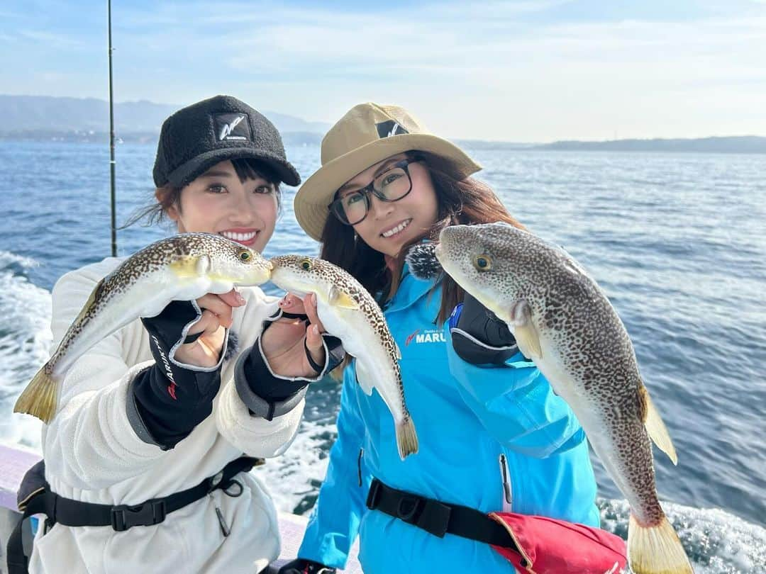 片原恵麻のインスタグラム：「淡路島2日目はカットウフグ🐡  9月ぶりにしのぶ姉さんとロケ📹 最近プライベートでなかなか会えてなかったので嬉しい時間でした☺️  この日はマルキユーのあるエサを使ったよ〜🤭カットウフグ、繊細なアタリとグングンくる引きがすごく楽しかった〜!! また後日告知します⋆͛📣  📍栄真丸 @eishinmaru1392  @eishinmaru_yohei   ちなみにコモンフグで87目め👀 ⋱⋰ ⋱⋰ ⋱⋰ ⋱⋰ ⋱⋰ ⋱⋰ ⋱⋰ ⋱⋰ ⋱⋰ ⋱⋰ ⋱⋰ ⋱⋰ #栄真丸#フグ釣り#カットウフグ#釣りガール#釣り女子#釣り#海釣り#ツリジョ#fishing#강태공#낙씨광#ルアマガ女子部#淡路島#淡路島釣り#ビッグフィッシング#ZEQUE#偏光サングラス#タレックス#TALEX#bunnywalk」