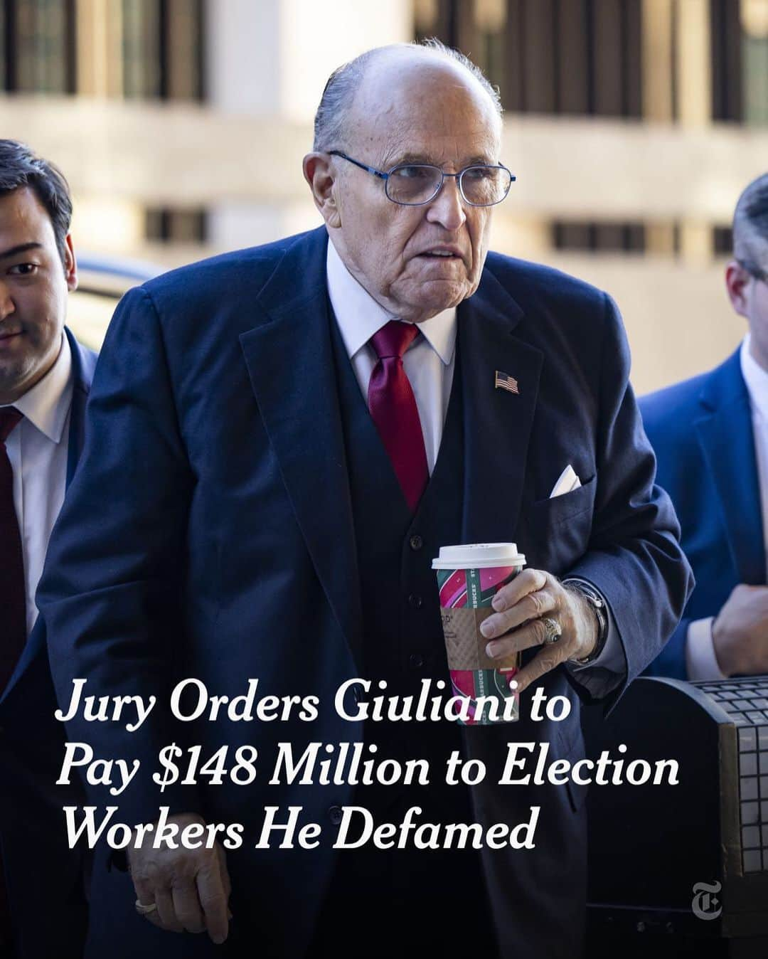 ニューヨーク・タイムズさんのインスタグラム写真 - (ニューヨーク・タイムズInstagram)「A federal jury on Friday ordered Rudy Giuliani to pay two former Georgia election workers more than $148 million for destroying their reputations and causing them extreme emotional distress by spreading baseless lies that they had tried to steal a victory from Donald Trump after the 2020 presidential election.  The award came after Judge Beryl Howell of the Federal District Court in Washington had ruled that Giuliani, who helped lead Trump’s efforts to remain in office after his defeat, had defamed the two workers, Ruby Freeman and Shaye Moss. The jury in the civil trial had been asked to decide only on the amount of the damages.  The jury awarded Freeman and Moss a combined $75 million in punitive damages. It also ordered Giuliani to pay compensatory damages of $16.2 million to Freeman and $16.9 million to Moss, as well as $20 million to each of them for emotional suffering.  Tap the link in our bio to read more about Giuliani and today’s decision. Photo by Jim Lo Scalzo/EPA, via Shutterstock」12月16日 7時18分 - nytimes