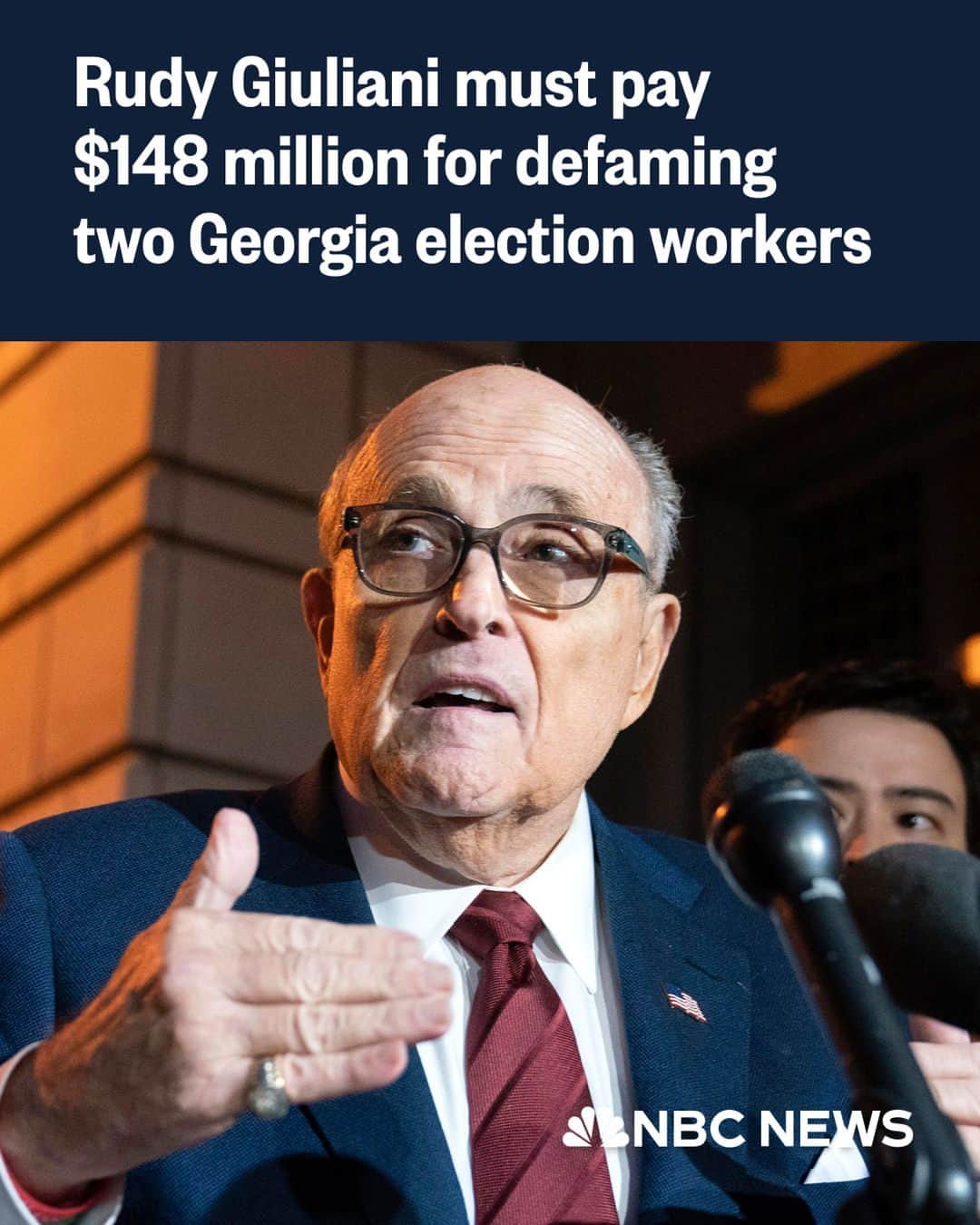 NBC Newsのインスタグラム：「Rudy Giuliani must pay two Georgia poll workers $148 million for defaming them after the 2020 election, a federal jury said.   The jury awarded Ruby Freeman and her daughter, Wandrea “Shaye” Moss, the sum after a four-day trial, during which they testified that Giuliani’s lies in support of former President Donald Trump’s bogus stolen-election claims subjected them to a torrent of racist and violent threats and turned their lives upside down.  Read more at the link in our bio.」