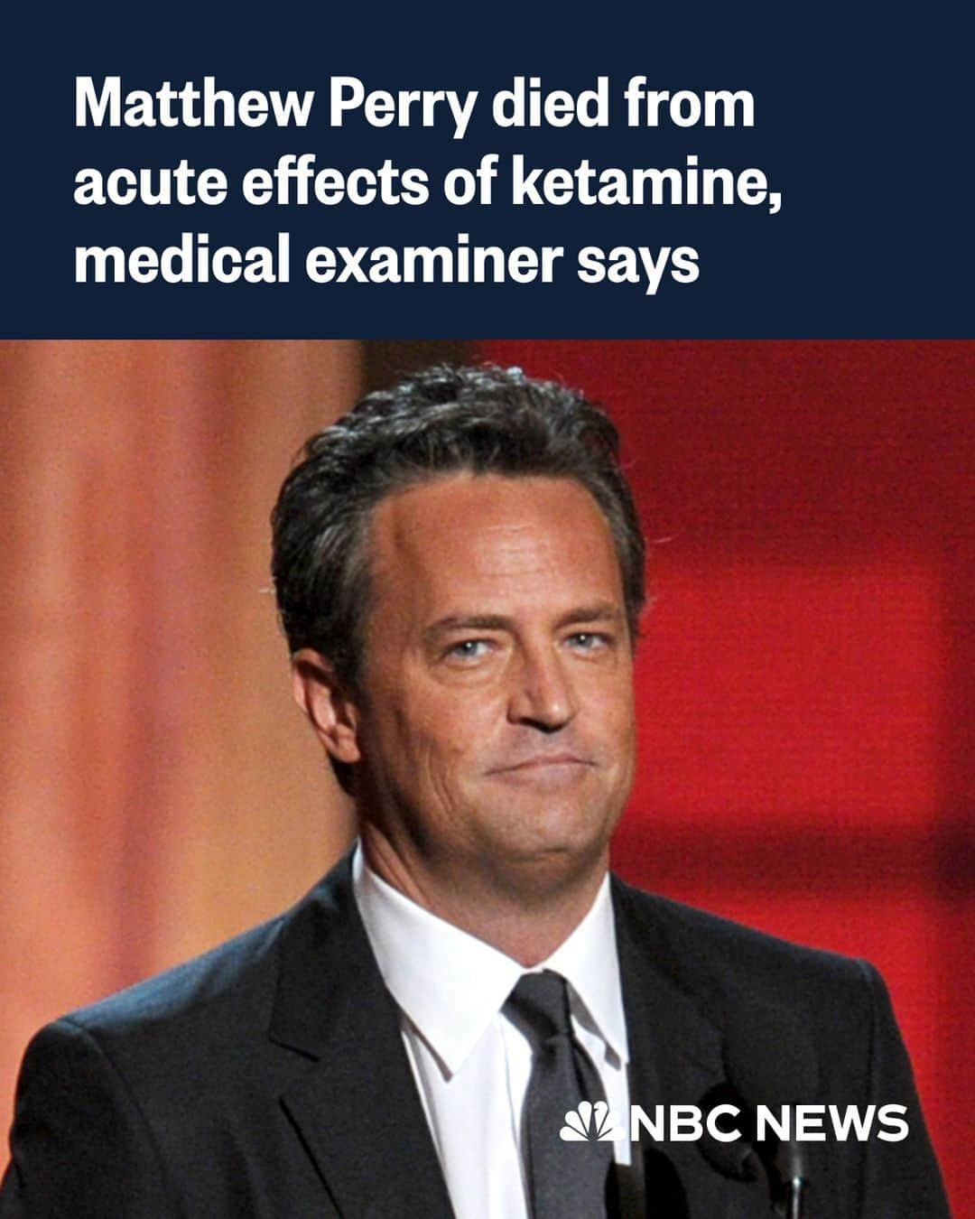 NBC Newsのインスタグラム：「Actor Matthew Perry died from the acute effects of ketamine in an accident, authorities said.  Perry, 54, died on October 28 at his Pacific Palisades home.  The County of Los Angeles Medical Examiner’s Office specified the cause of Perry’s death in a statement released Friday.  "Contributing factors in Perry’s death include drowning, coronary artery disease and the effects of buprenorphine (used to treat opioid use disorder). The manner of death is accident," the statement said.  Read more at the link in bio.」