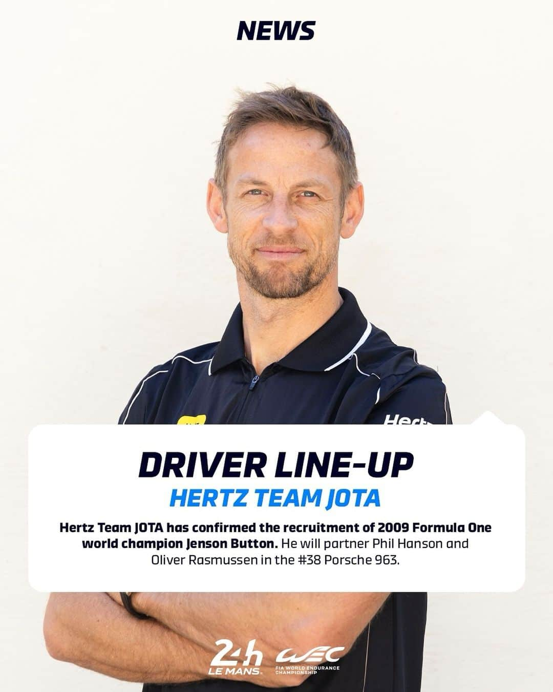 ジェンソン・バトンのインスタグラム：「The sixth driver in the Hertz Team JOTA line-up is... Jenson Button! It will be Button’s third appearance in the legendary 24 Hours of Le Mans. 🤩  #lemans24」