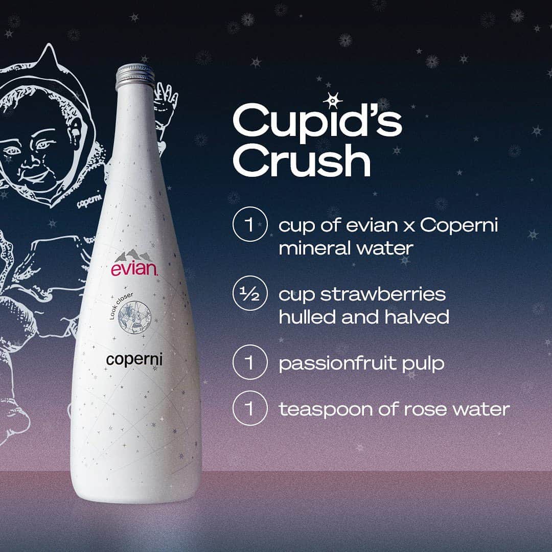 evianさんのインスタグラム写真 - (evianInstagram)「Discover ‘Cupid’s Crush’ mocktail 🍸 ​  Inspired by the baby constellation featured in the #evianxCoperni universe found on the inside of the 2023 Limited Edition Bottle 👁💫 ​  💧 Recipe 👼​  ✨Add the passion fruit and strawberries into your finest glass with a teaspoon of rosewater. ​ 💧Stir in a cup of evian mineral water.   Best enjoyed star-gazing under the night’s sky.   #LiveYoung #LookCloser」12月16日 2時08分 - evianwater