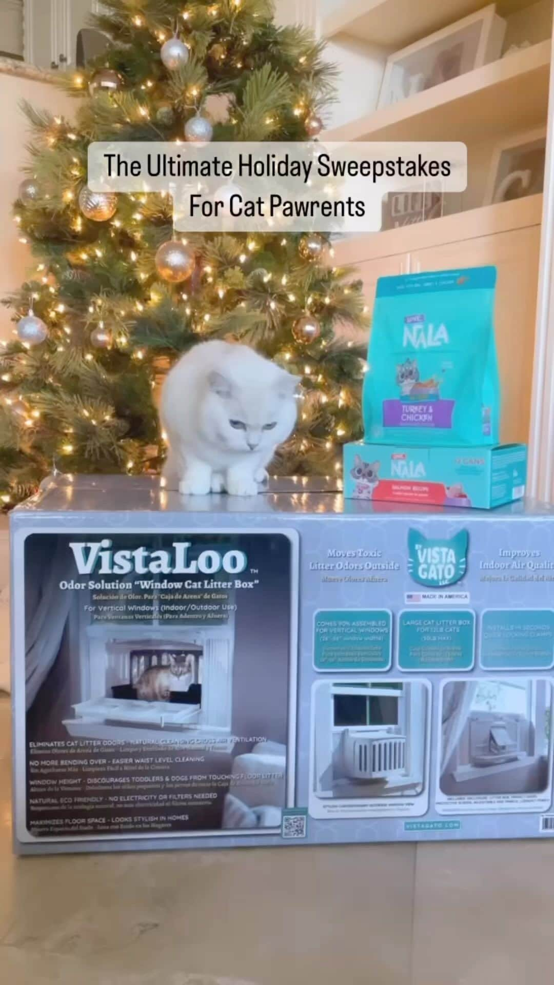 ミスター・ホワイトのインスタグラム：「The Ultimate Holiday Sweepstakes for Cat Pawrents!🎅 Enter today to win one of three gift sets with a $100 gift card for Love, Nala food, and a VistaLoo, the world’s first Window Litter Catio (a $299 value) 🐈 Make your cat the happiest cat ever with the  gift of the outdoors, safely, and Love, Nala food! 🎄 🎁 Link in bio to enter   #giveaway #lovenalaco #vistagato #meow #cute #catsofinstagram」