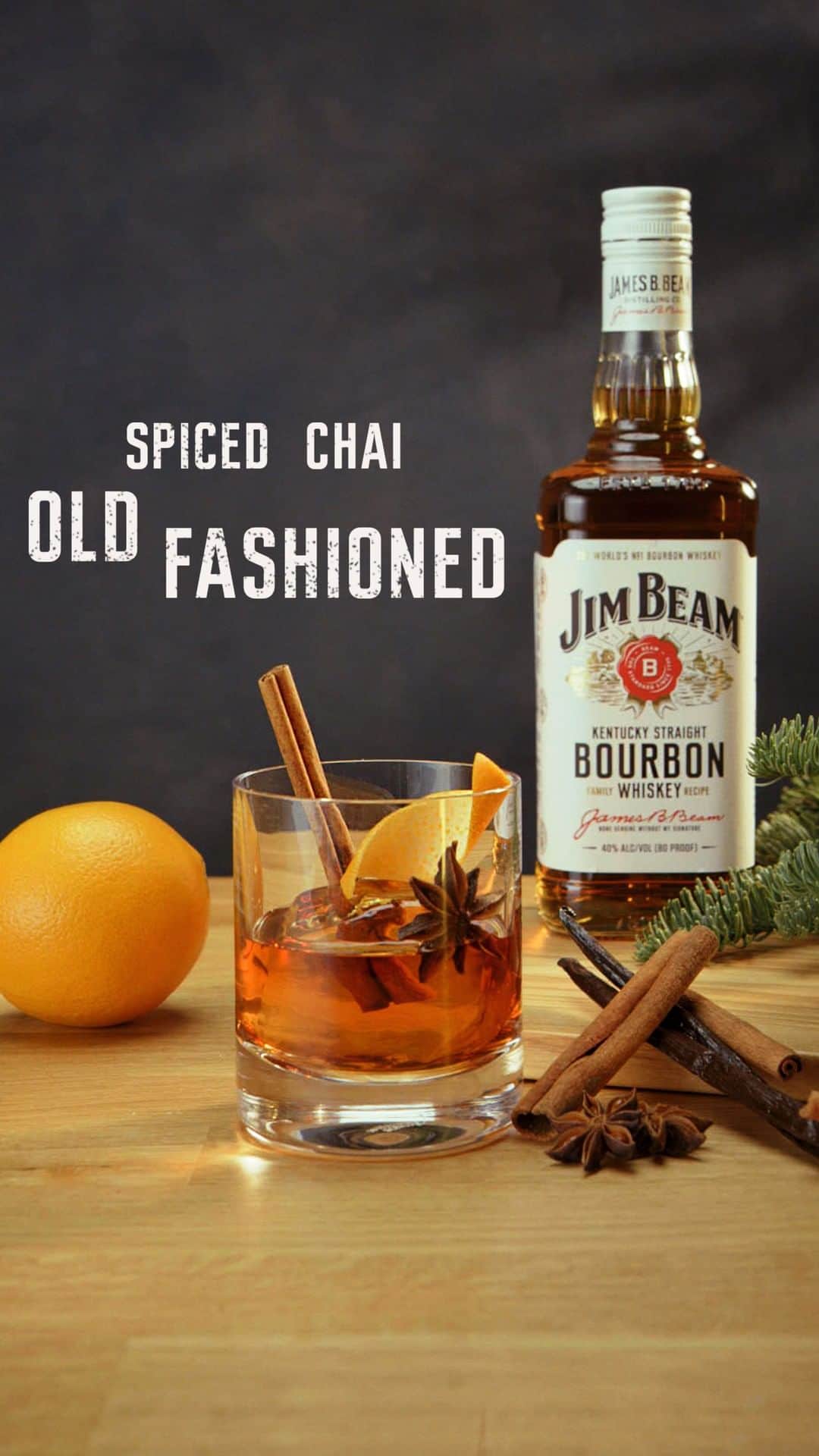 Jim Beamのインスタグラム：「Batch it now, sip it later. This Spiced Chai Old Fashioned is ready when you are.⁣ ___⁣ ⁣ Recipe:⁣ 10-11 Servings⁣ ⁣ 750ml Jim Beam™⁣ 2oz of Simple Syrup⁣ 1 Vanilla Bean⁣ 5-6 Cinnamon Sticks⁣ 10 Cloves⁣ 2 Star Anise⁣ Ginger⁣ Black Walnut Bitters⁣ Water⁣ ⁣ Pour out 6oz of Jim Beam and set aside for future use. Add in 2oz of Simple Syrup. Add 1 Vanilla bean, 5-6 Cinnamon Sticks, 10 Cloves, 2 Star Anise, a few pieces of Ginger into the bottle. Add 12-15 dashes of Black Walnut Bitters. Add 2oz of Water. Shake and chill in freezer overnight. When ready to serve, add 2oz of cocktail over ice, and garnish with Orange peel, Cinnamon Stick and Star Anise.」