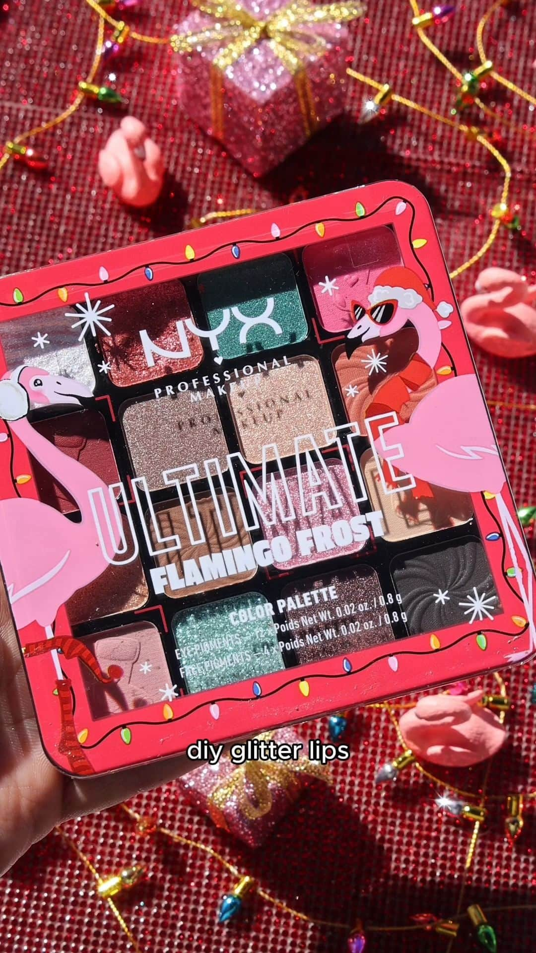 NYX Cosmeticsのインスタグラム：「🦩❄️ lippie options are endless when u mix Flamingo Frost Ultimate Shadow Palette & Butter Gloss in ‘Sugar Glass’ #credit @maquillageitup #nyxcosmetics #nyxprofessionalmakeup #holidaycollection #falalalaland #veganformula #crueltyfree」